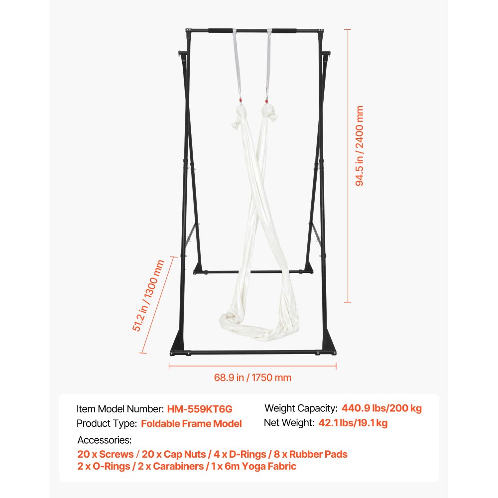 VEVOR Soporte de Yoga con Estructura Triangular Capacidad de 200 kg, Soporte Aéreo de Tela con Espuma EVA y Hamaca de Yoga de 6,6 yardas, Ajuste Horizontal de 4 Niveles y Vertical de 6 Niveles