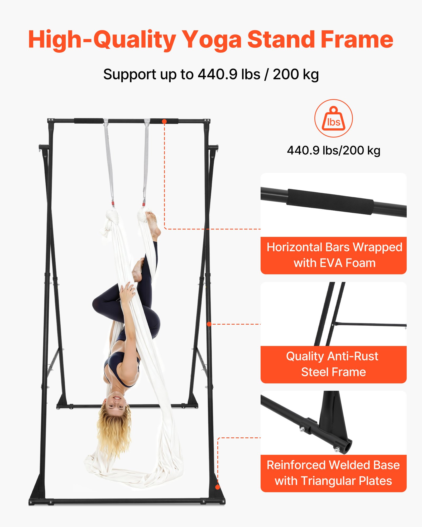 VEVOR Soporte de Yoga con Estructura Triangular Capacidad de 200 kg, Soporte Aéreo de Tela con Espuma EVA y Hamaca de Yoga de 6,6 yardas, Ajuste Horizontal de 4 Niveles y Vertical de 6 Niveles
