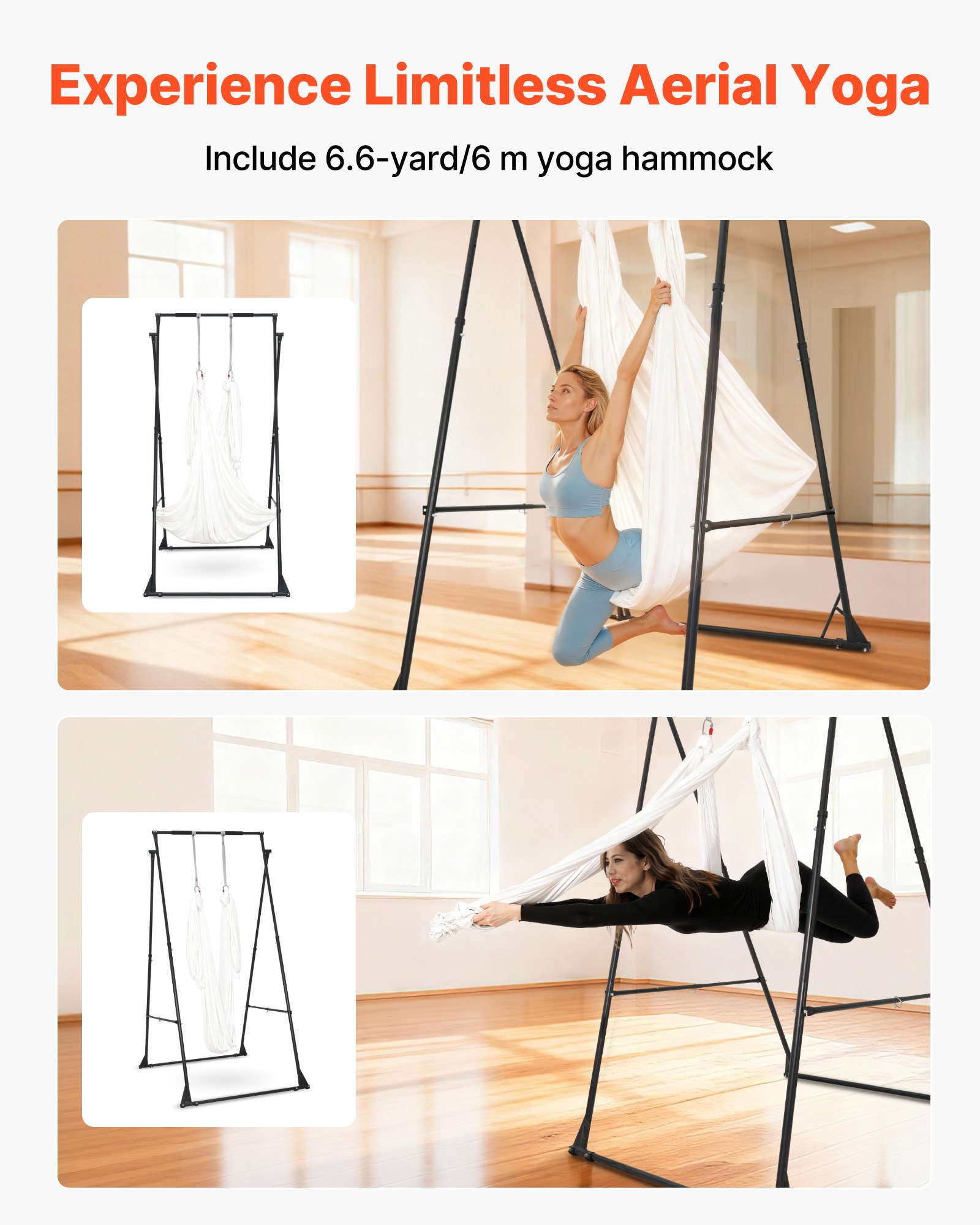 VEVOR Soporte de Yoga con Estructura Triangular Capacidad de 200 kg, Soporte Aéreo de Tela con Espuma EVA y Hamaca de Yoga de 6,6 yardas, Ajuste Horizontal de 4 Niveles y Vertical de 6 Niveles