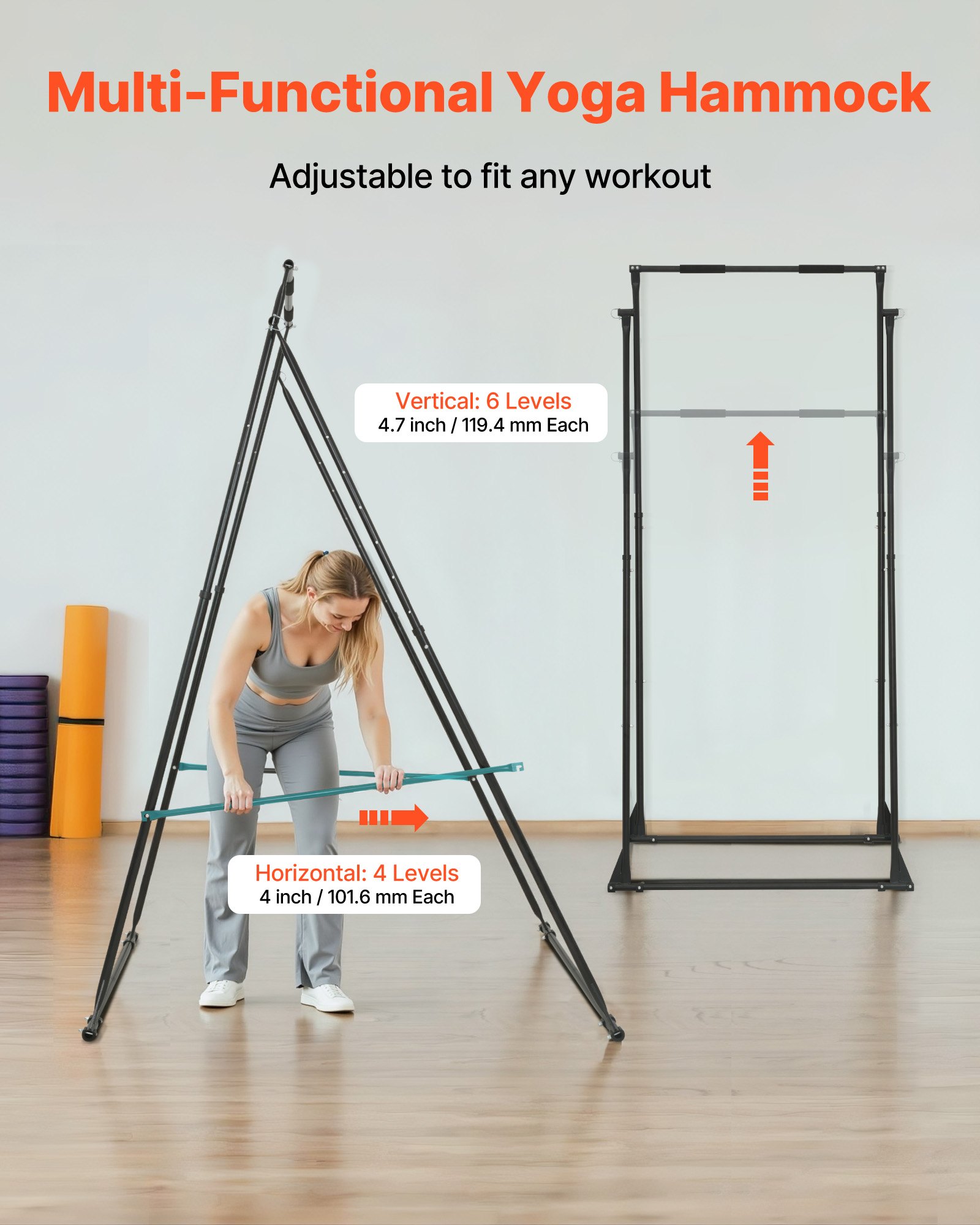 VEVOR Soporte de Yoga con Estructura Triangular Capacidad de 200 kg, Soporte Aéreo de Tela con Espuma EVA y Hamaca de Yoga de 6,6 yardas, Ajuste Horizontal de 4 Niveles y Vertical de 6 Niveles