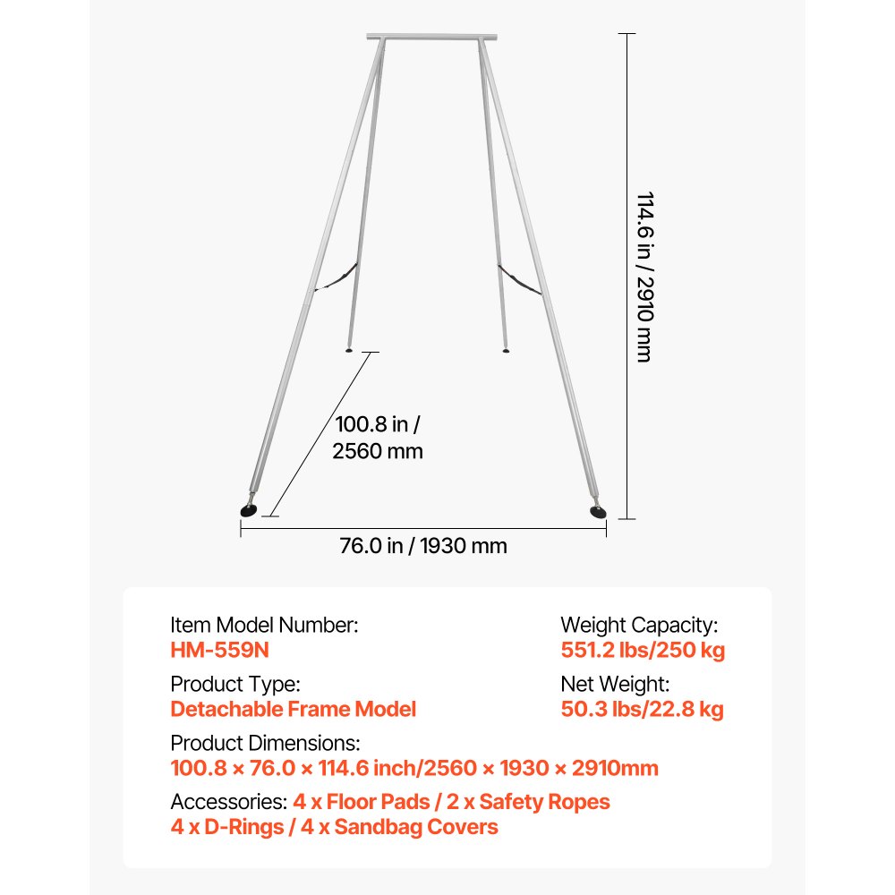 VEVOR Yoga Stand Frame, 3m Length Swing Stand, Max 250 kg Load Triangular Structure Aerial Rig, Aerial Silk Stands for Yoga Enthusiasts, Non-Slip Base, Lightweight, Detachable Design