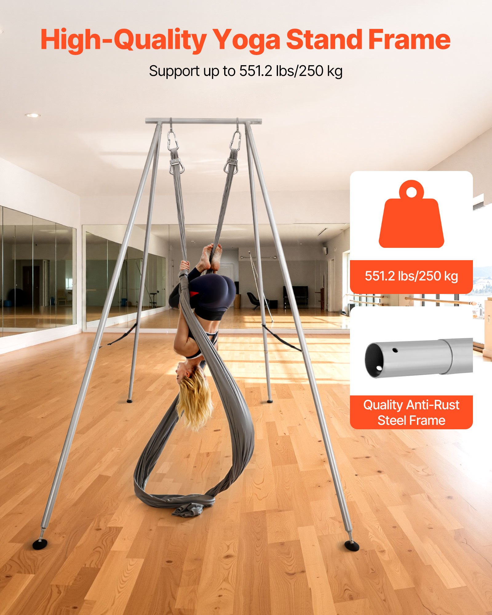 VEVOR Yoga Stand Frame, 3m Length Swing Stand, Max 250 kg Load Triangular Structure Aerial Rig, Aerial Silk Stands for Yoga Enthusiasts, Non-Slip Base, Lightweight, Detachable Design