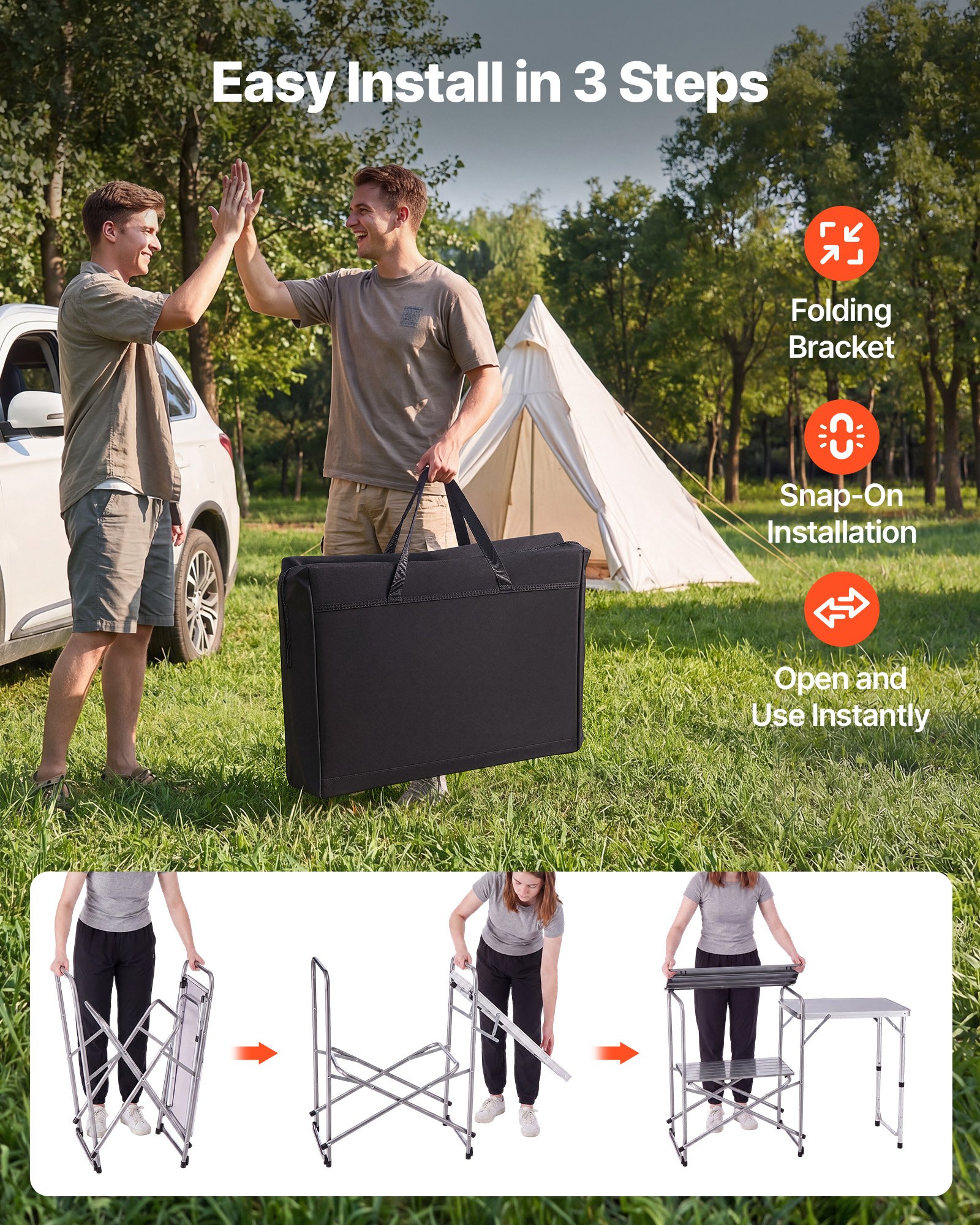 VEVOR Cocina de Camping Plegable 117 x 45 x 80 cm, Mueble de Cocina para Acampar con Mesa Auxiliar y Bolsa de Transporte, Mesa de Camping para Picnic, Barbacoa, Fiesta, Viajes en Autocaravana
