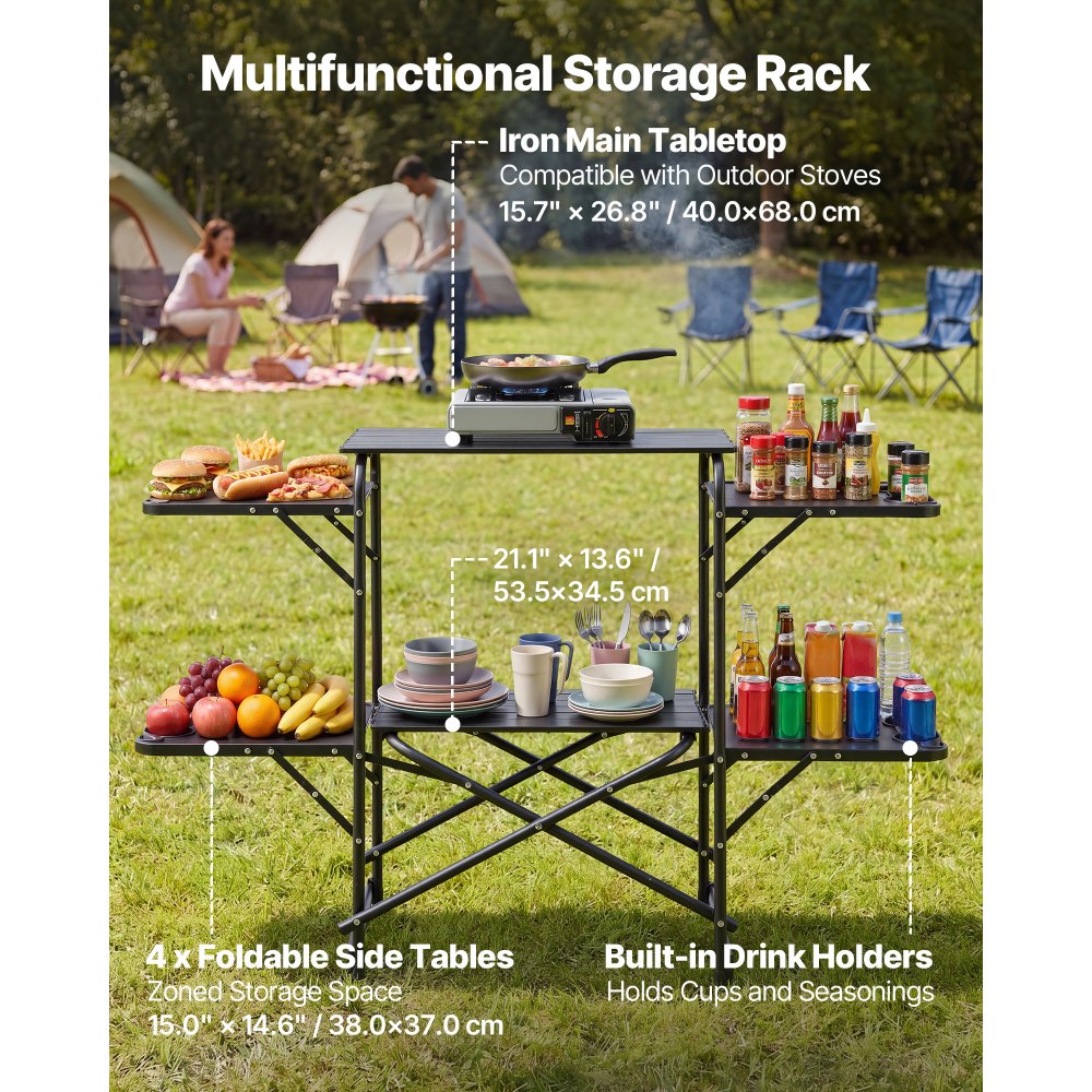VEVOR Cocina de Camping Plegable 130 x 45 x 90 cm, Mueble de Cocina para Acampar con 4 Mesas Laterales y Bolsa de Transporte, Mesa de Camping para Picnic, Barbacoa, Fiesta, Viajes en Autocaravana