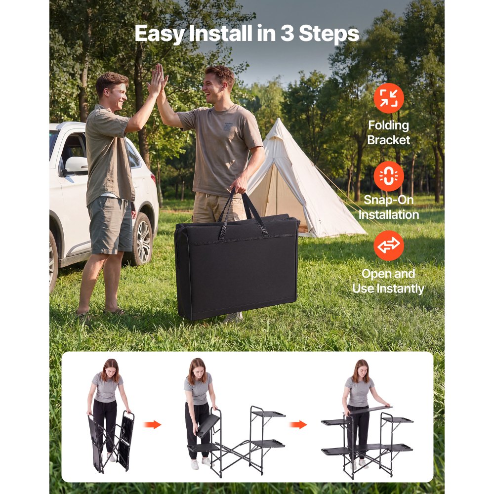 VEVOR Cocina de Camping Plegable 130 x 45 x 90 cm, Mueble de Cocina para Acampar con 4 Mesas Laterales y Bolsa de Transporte, Mesa de Camping para Picnic, Barbacoa, Fiesta, Viajes en Autocaravana