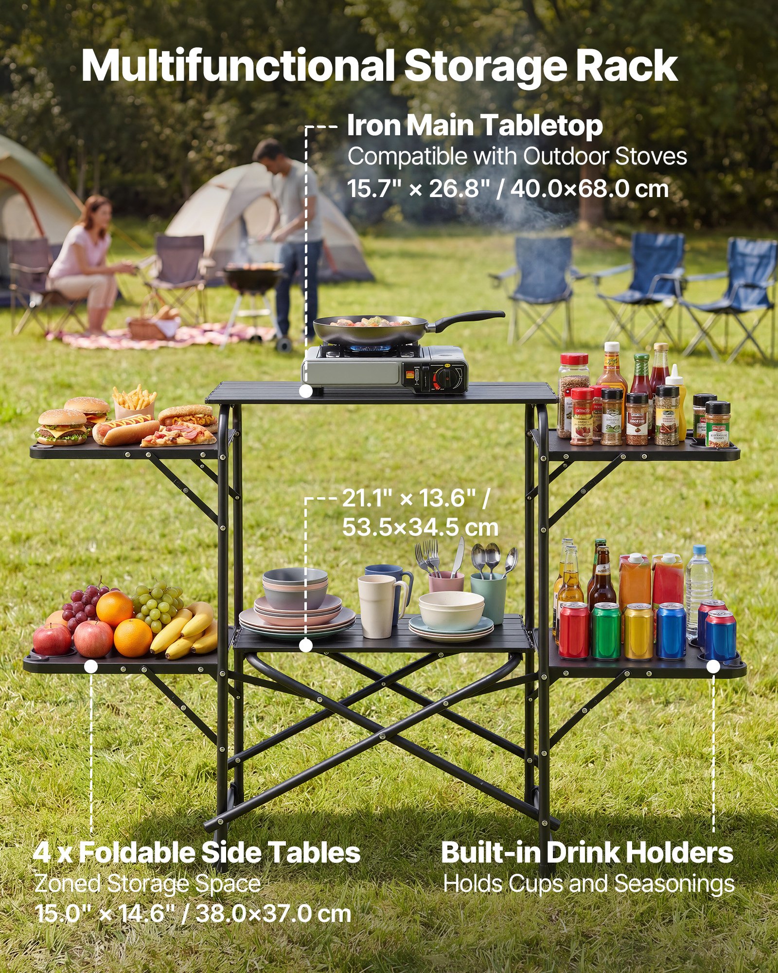 VEVOR Cocina de Camping Plegable 130 x 45 x 90 cm, Mueble de Cocina para Acampar con 4 Mesas Laterales y Bolsa de Transporte, Mesa de Camping para Picnic, Barbacoa, Fiesta, Viajes en Autocaravana