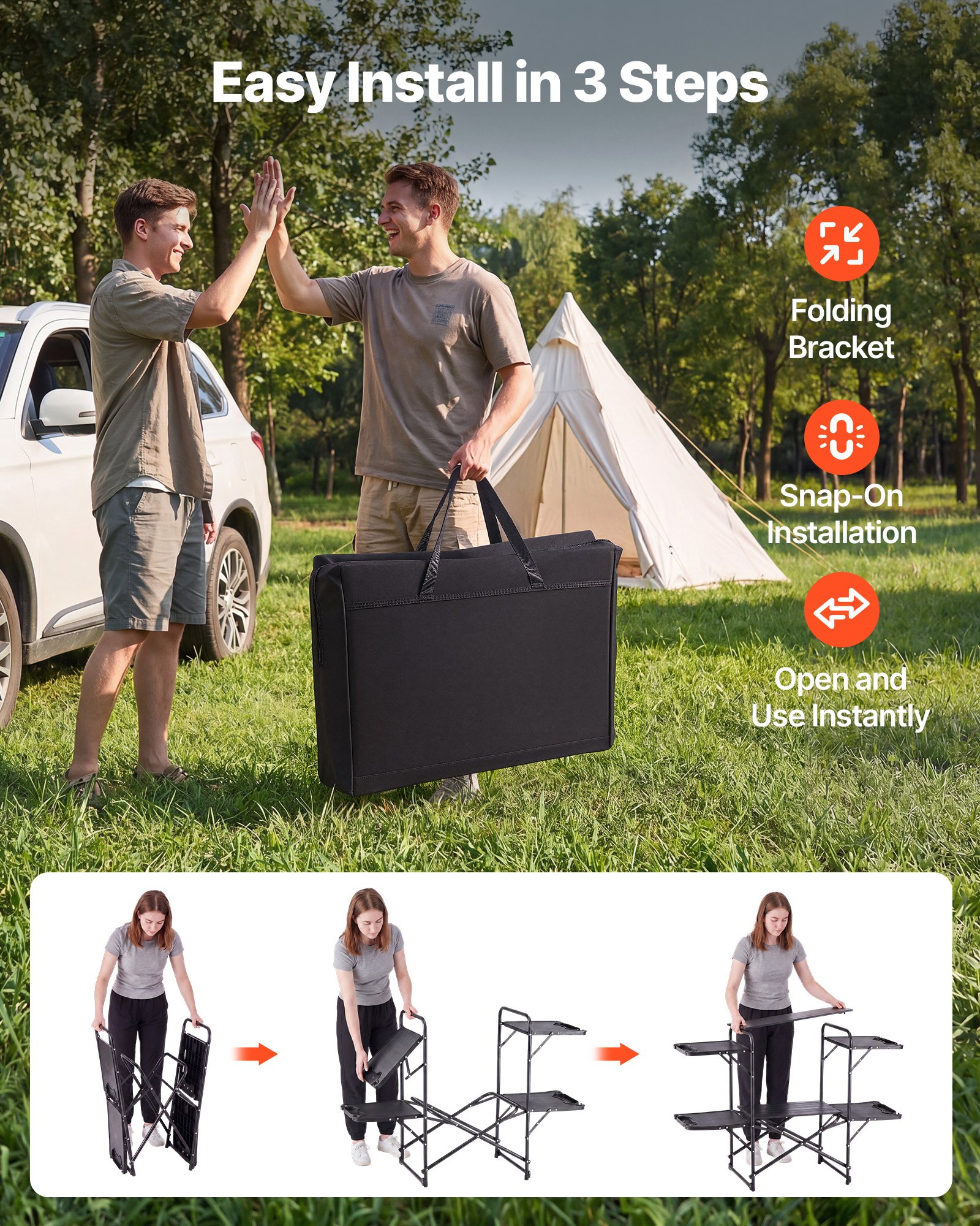 VEVOR Cocina de Camping Plegable 130 x 45 x 90 cm, Mueble de Cocina para Acampar con 4 Mesas Laterales y Bolsa de Transporte, Mesa de Camping para Picnic, Barbacoa, Fiesta, Viajes en Autocaravana