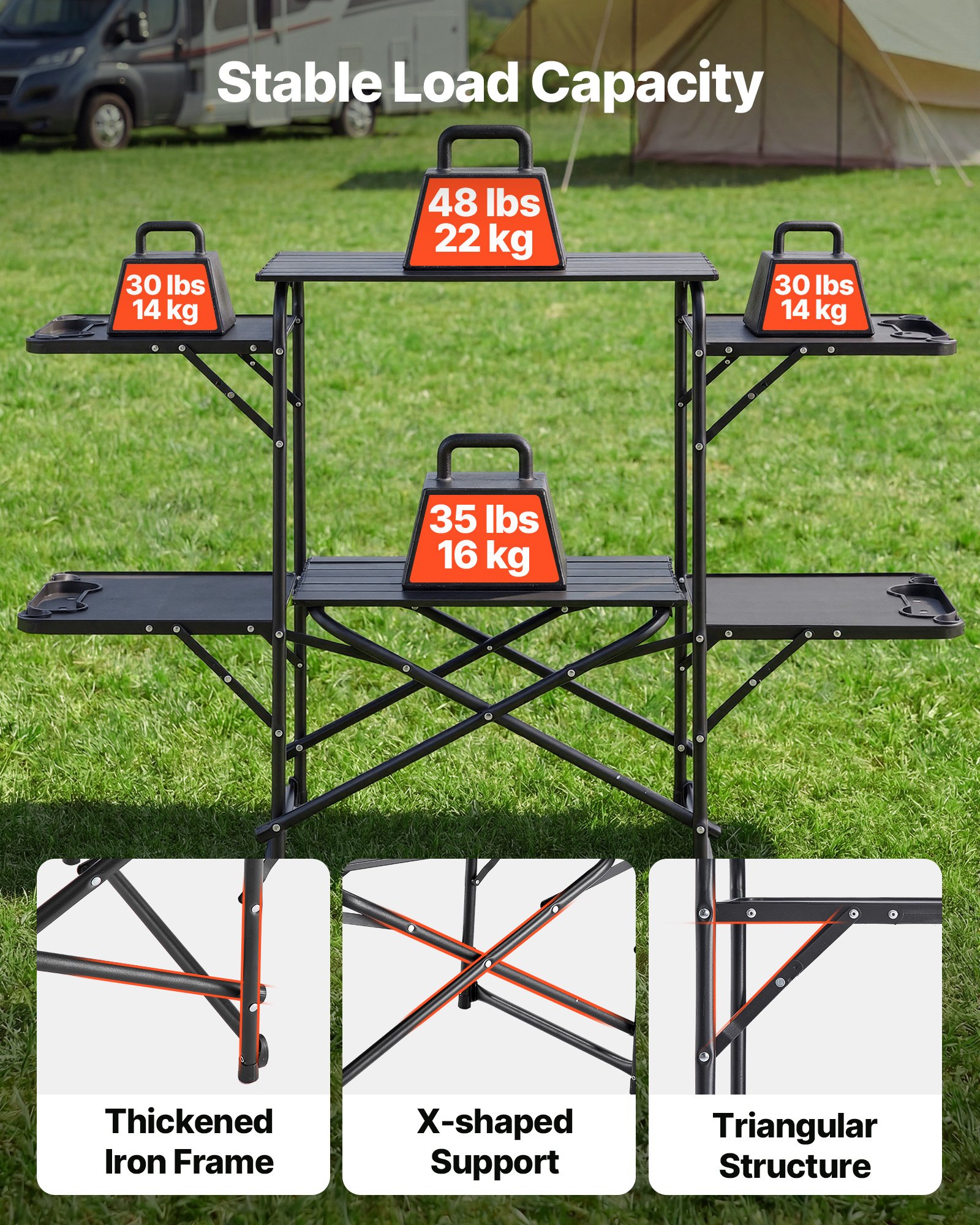 VEVOR Cocina de Camping Plegable 130 x 45 x 90 cm, Mueble de Cocina para Acampar con 4 Mesas Laterales y Bolsa de Transporte, Mesa de Camping para Picnic, Barbacoa, Fiesta, Viajes en Autocaravana