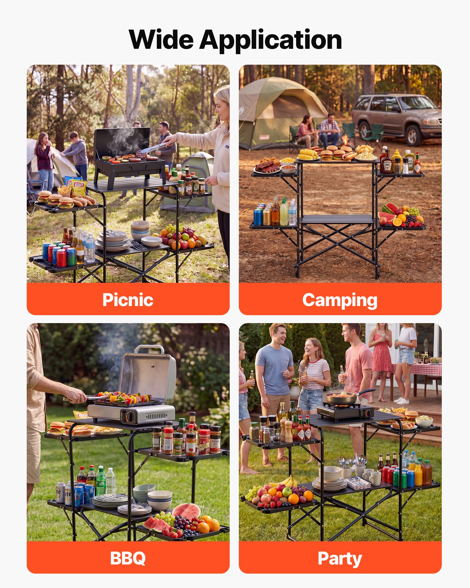 VEVOR Cocina de Camping Plegable 130 x 45 x 90 cm, Mueble de Cocina para Acampar con 4 Mesas Laterales y Bolsa de Transporte, Mesa de Camping para Picnic, Barbacoa, Fiesta, Viajes en Autocaravana