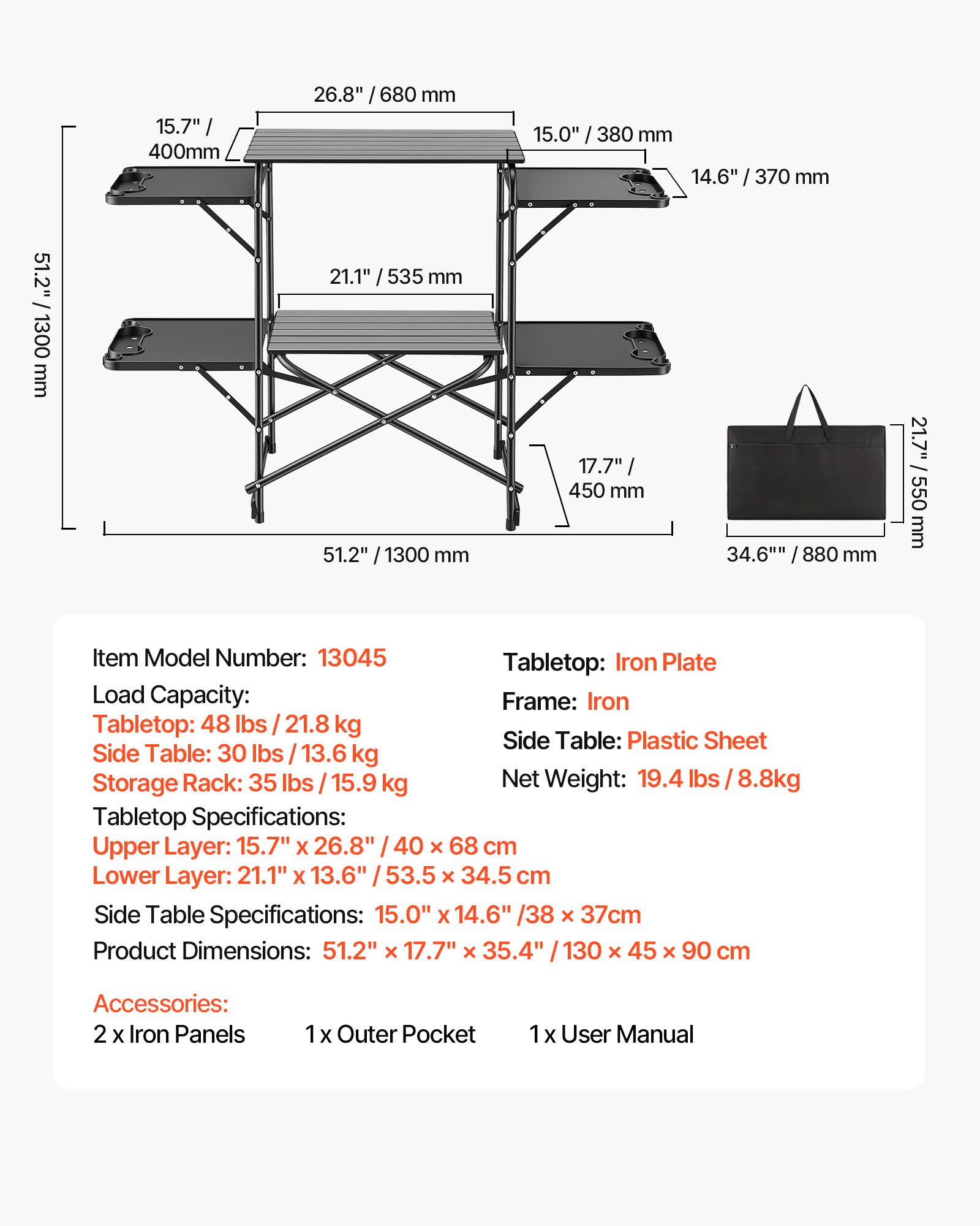 VEVOR Cocina de Camping Plegable 130 x 45 x 90 cm, Mueble de Cocina para Acampar con 4 Mesas Laterales y Bolsa de Transporte, Mesa de Camping para Picnic, Barbacoa, Fiesta, Viajes en Autocaravana