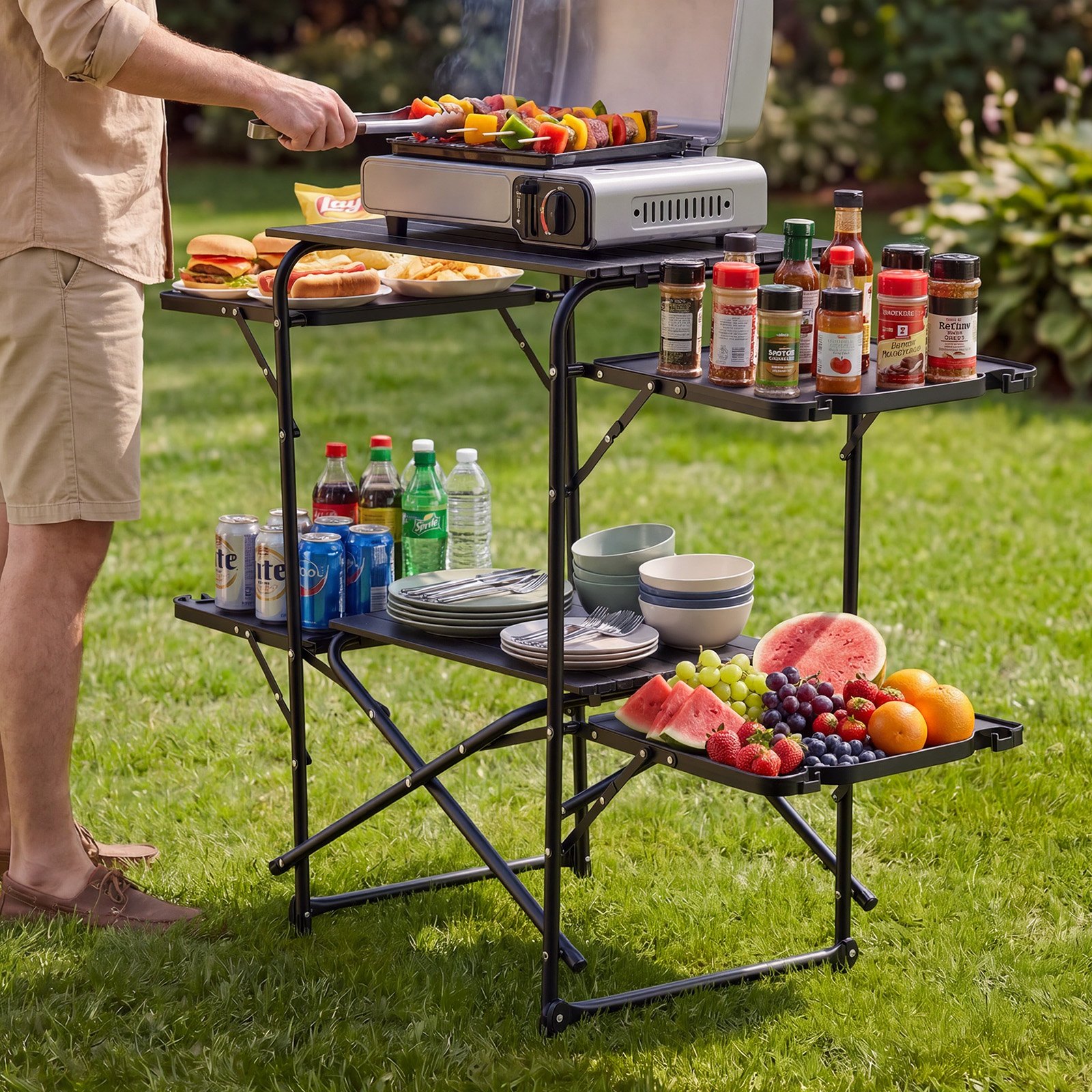 VEVOR Cocina de Camping Plegable 130 x 45 x 90 cm, Mueble de Cocina para Acampar con 4 Mesas Laterales y Bolsa de Transporte, Mesa de Camping para Picnic, Barbacoa, Fiesta, Viajes en Autocaravana