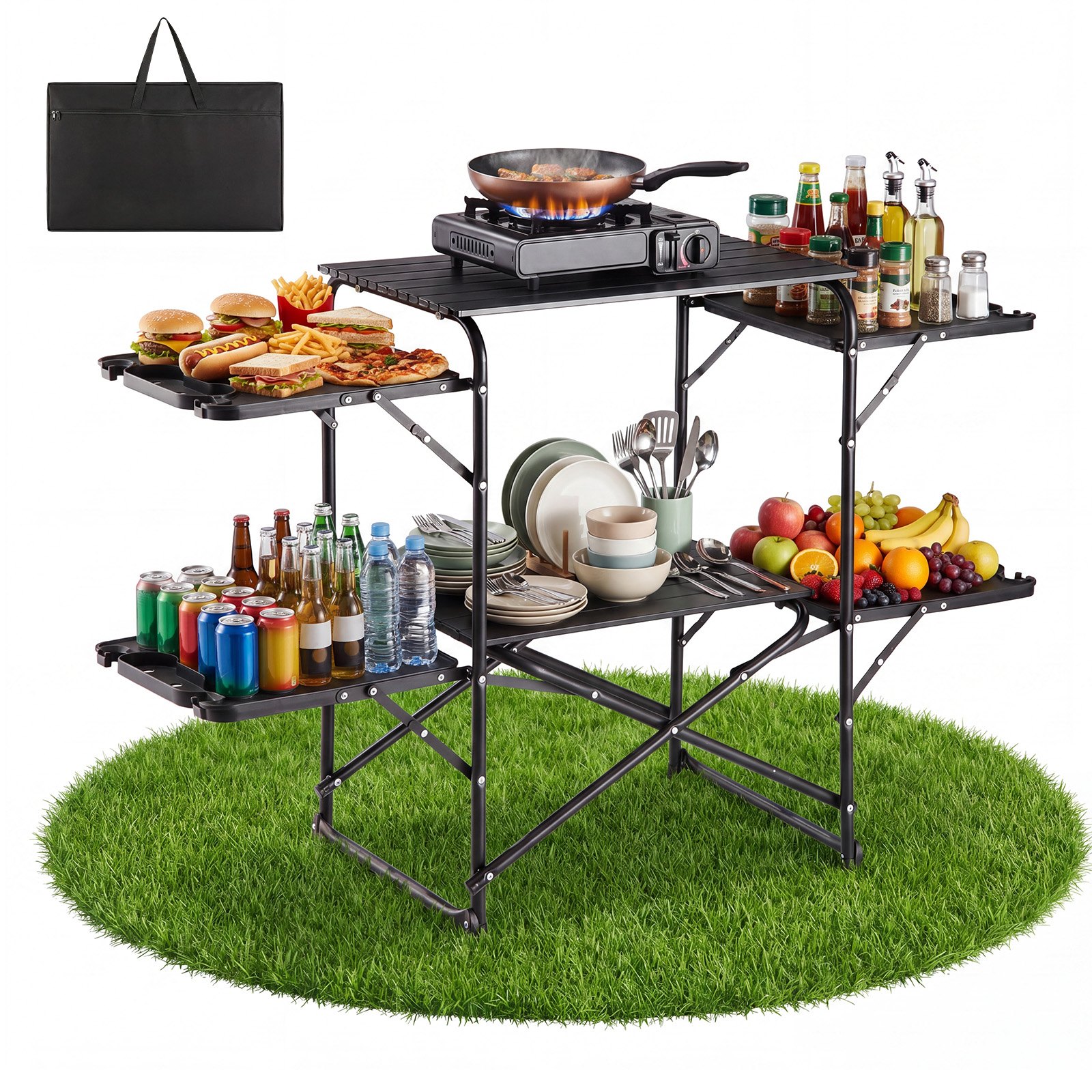 VEVOR Cocina de Camping Plegable 130 x 45 x 90 cm, Mueble de Cocina para Acampar con 4 Mesas Laterales y Bolsa de Transporte, Mesa de Camping para Picnic, Barbacoa, Fiesta, Viajes en Autocaravana