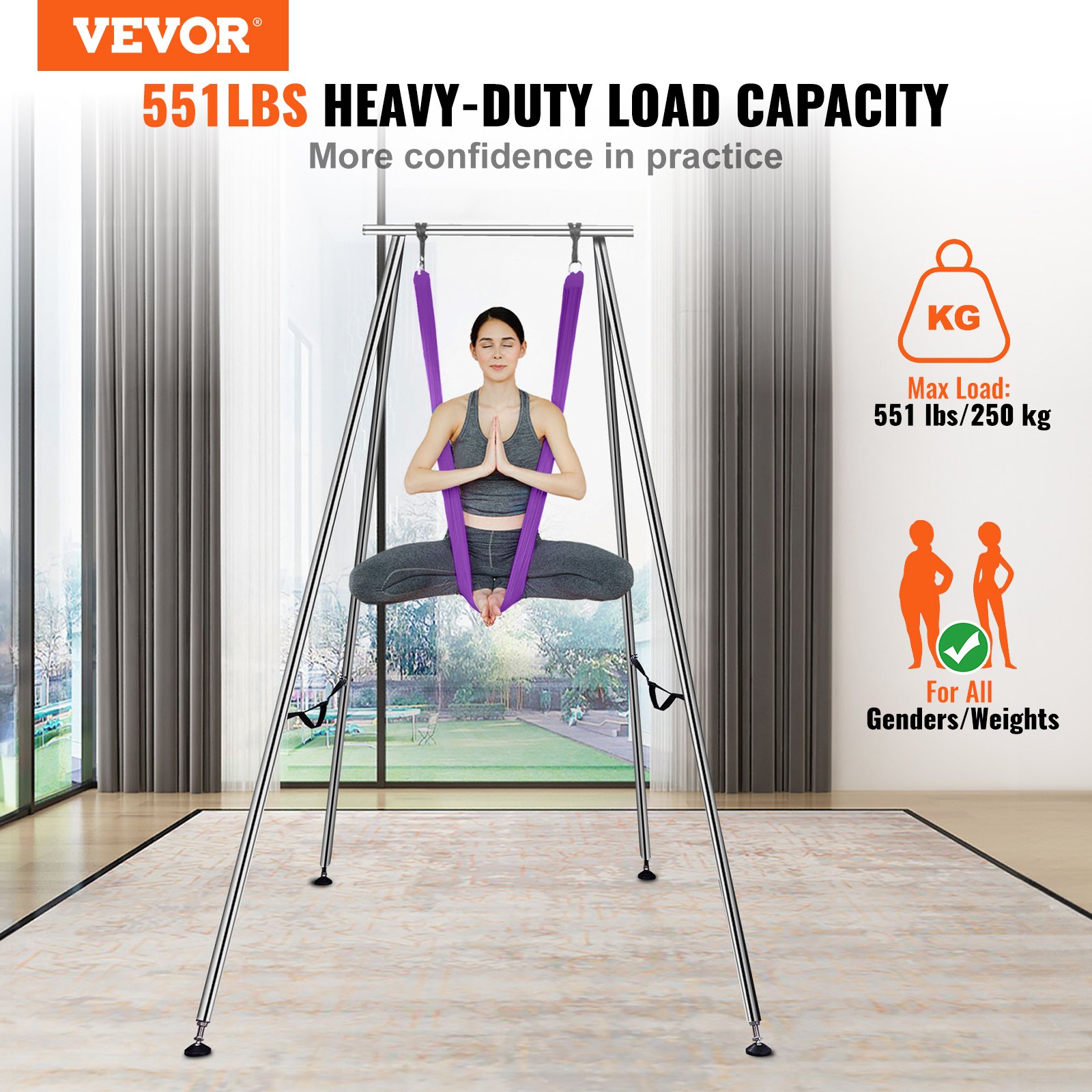 VEVOR Kit de Hamaca y Columpio Aéreo para Yoga, Soporte de Yoga Profesional 295 cm de Altura, Hamaca Morada de 12x2,6 m, Capacidad de Carga máxima de 250 kg, para Fitness, Culturismo, Pilates, Púrpura