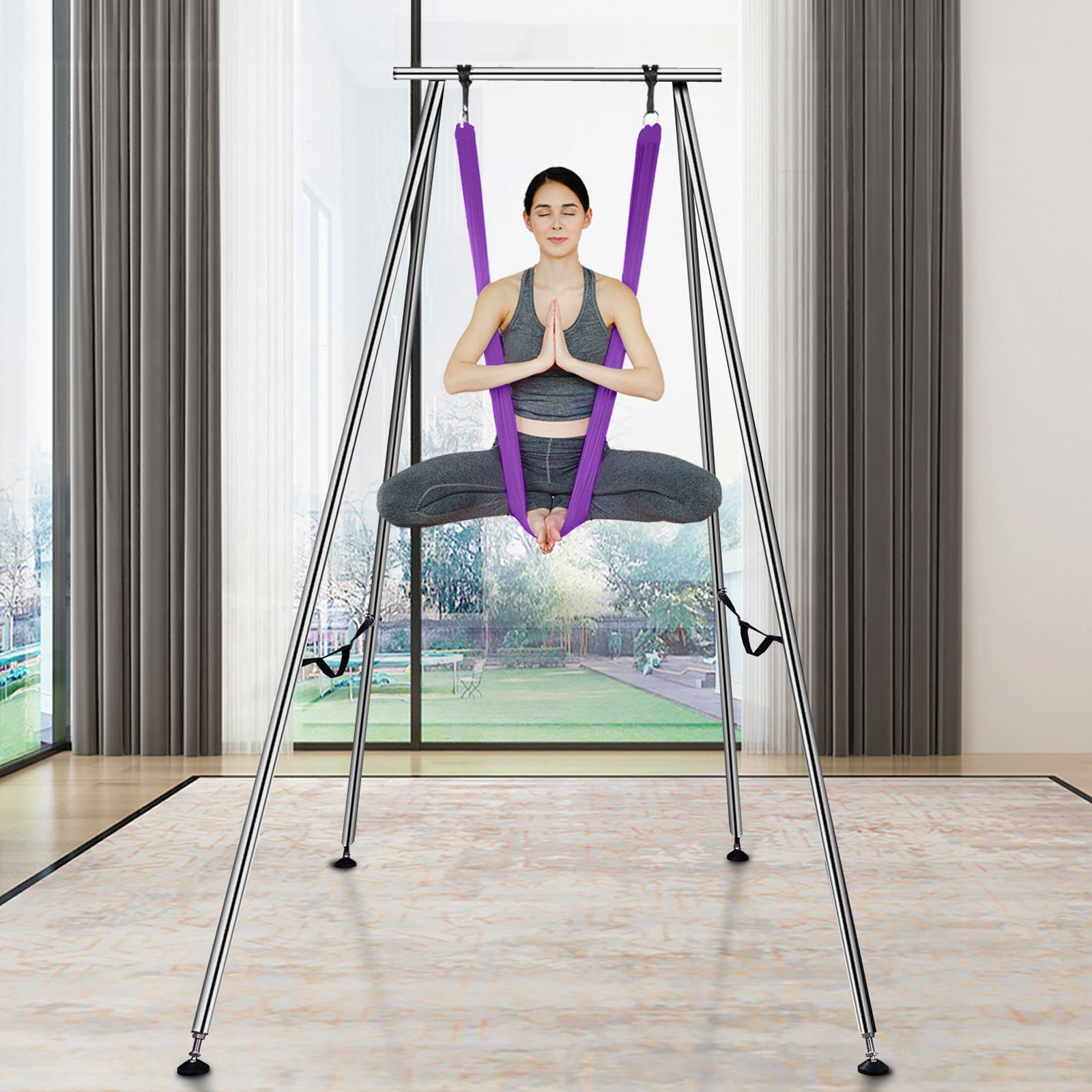 VEVOR Kit de Hamaca y Columpio Aéreo para Yoga, Soporte de Yoga Profesional 295 cm de Altura, Hamaca Morada de 12x2,6 m, Capacidad de Carga máxima de 250 kg, para Fitness, Culturismo, Pilates, Púrpura
