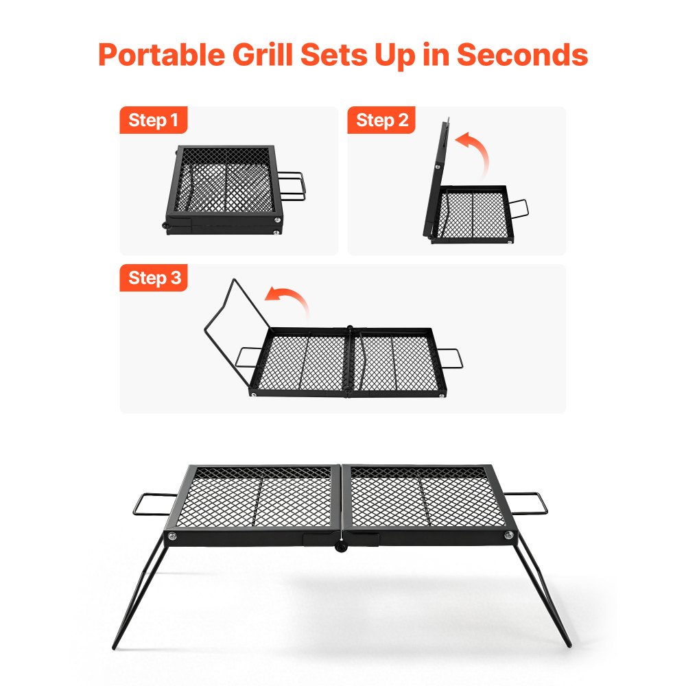 VEVOR Parrilla Portátil Plegable de Acero al Carbono 758 x 383 x 235 mm, Contacto Directo con Alimentos, Con Patas y Asas, Soporta hasta 600 °C, para Asar al Aire Libre, Camping, Jardín, Negro