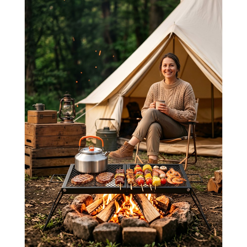VEVOR Parrilla Portátil Plegable de Acero al Carbono 758 x 383 x 235 mm, Contacto Directo con Alimentos, Con Patas y Asas, Soporta hasta 600 °C, para Asar al Aire Libre, Camping, Jardín, Negro