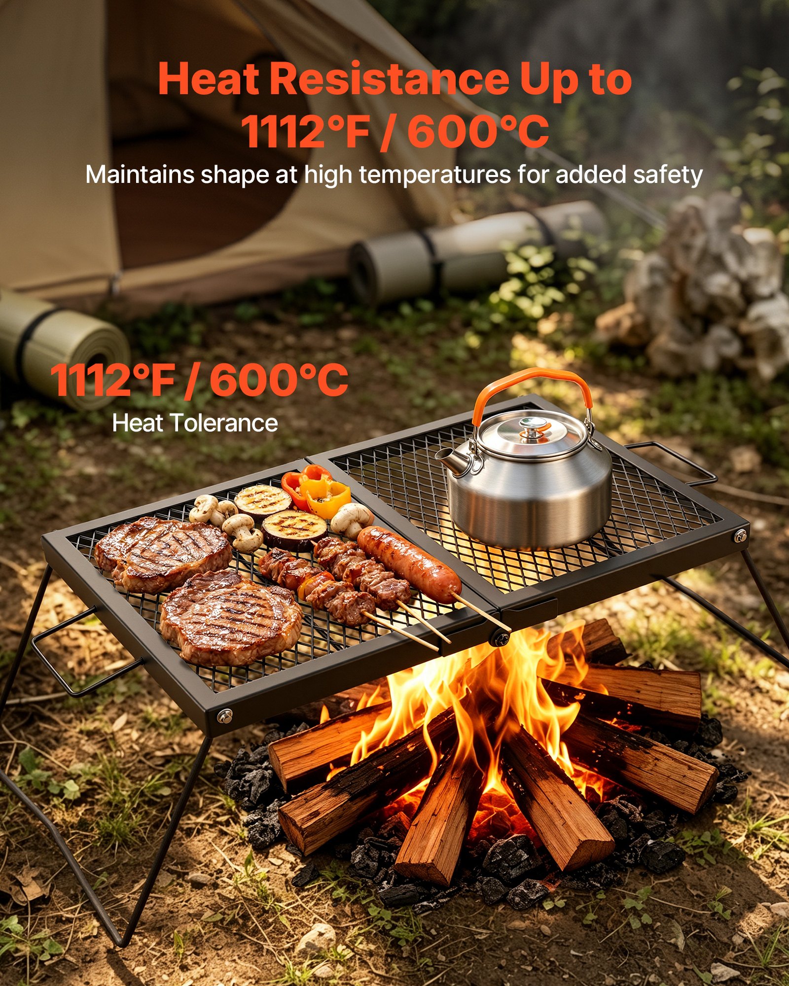 VEVOR Parrilla Portátil Plegable de Acero al Carbono 758 x 383 x 235 mm, Contacto Directo con Alimentos, Con Patas y Asas, Soporta hasta 600 °C, para Asar al Aire Libre, Camping, Jardín, Negro