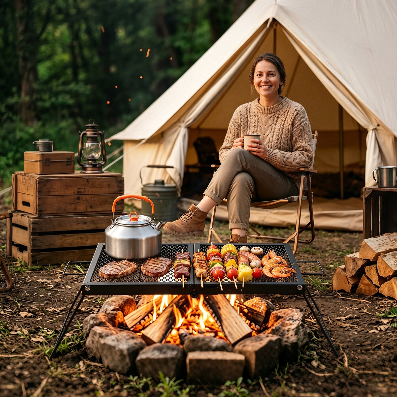 VEVOR Parrilla Portátil Plegable de Acero al Carbono 758 x 383 x 235 mm, Contacto Directo con Alimentos, Con Patas y Asas, Soporta hasta 600 °C, para Asar al Aire Libre, Camping, Jardín, Negro
