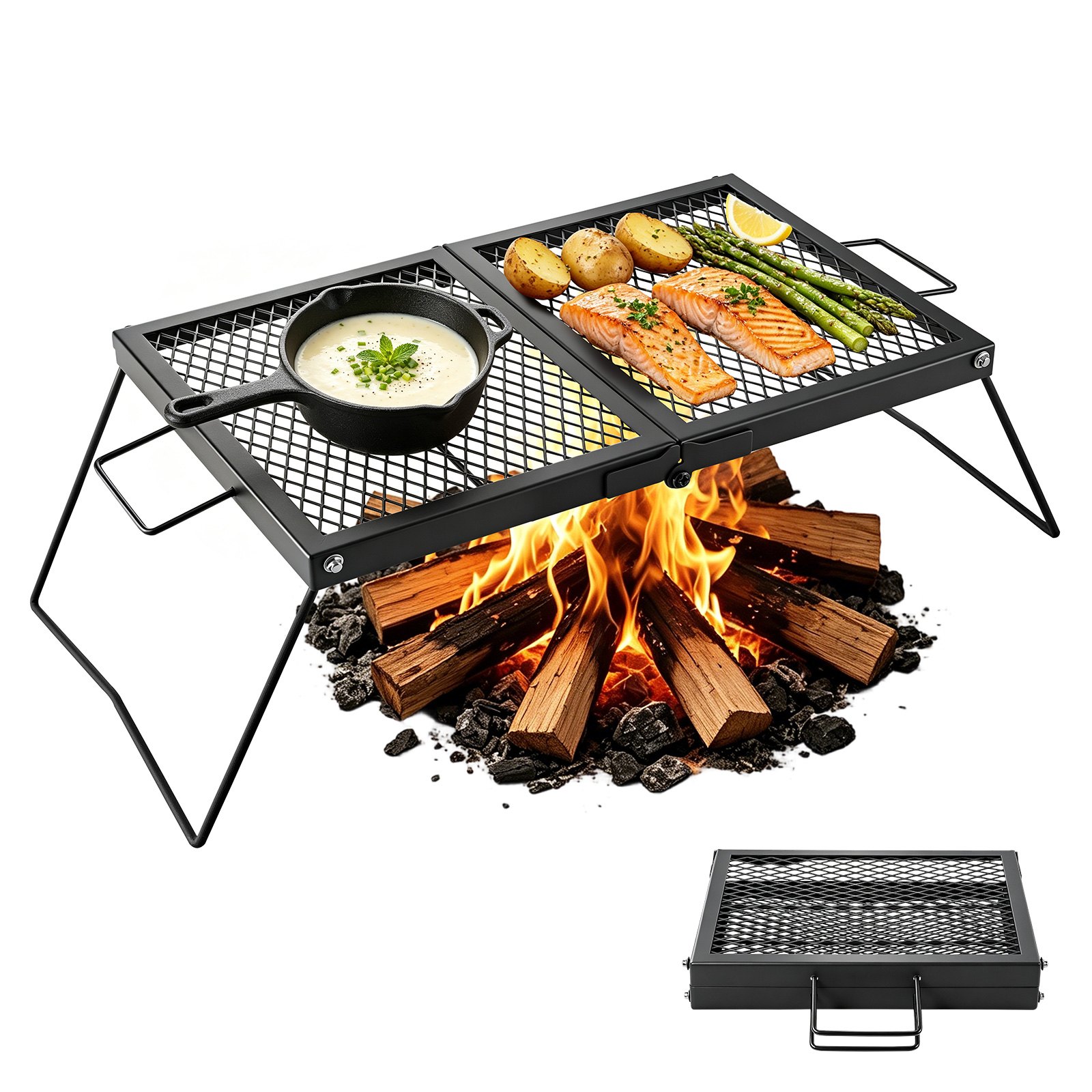 VEVOR Parrilla Portátil Plegable de Acero al Carbono 758 x 383 x 235 mm, Contacto Directo con Alimentos, Con Patas y Asas, Soporta hasta 600 °C, para Asar al Aire Libre, Camping, Jardín, Negro