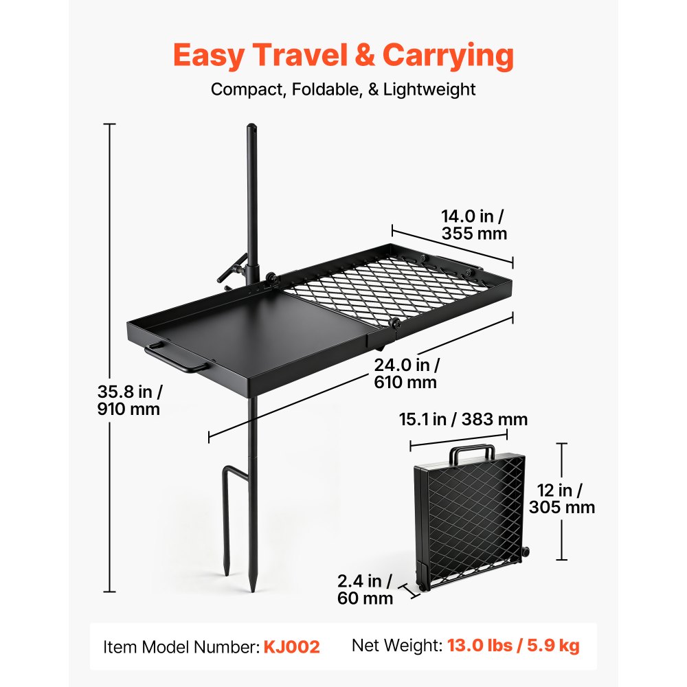 VEVOR Parrilla Giratoria para Hoguera 610 x 355 mm de Acero al Carbono, Parrilla para Fogatas, Rejilla Rectangular, Con Soporte, Soporta hasta 600°C, para Fuego Abierto, Camping, Jardín, Negro