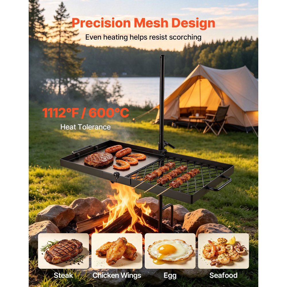 VEVOR Parrilla Giratoria para Hoguera 610 x 355 mm de Acero al Carbono, Parrilla para Fogatas, Rejilla Rectangular, Con Soporte, Soporta hasta 600°C, para Fuego Abierto, Camping, Jardín, Negro