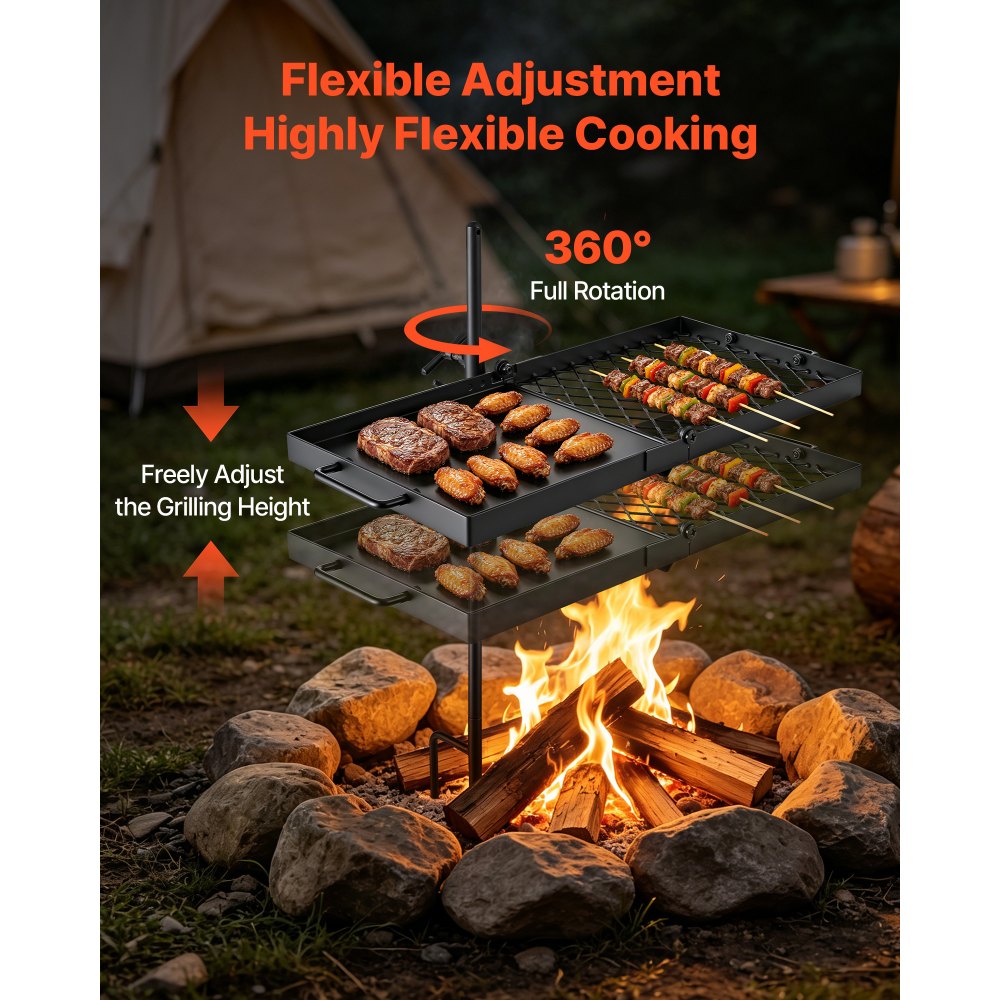 VEVOR Parrilla Giratoria para Hoguera 610 x 355 mm de Acero al Carbono, Parrilla para Fogatas, Rejilla Rectangular, Con Soporte, Soporta hasta 600°C, para Fuego Abierto, Camping, Jardín, Negro