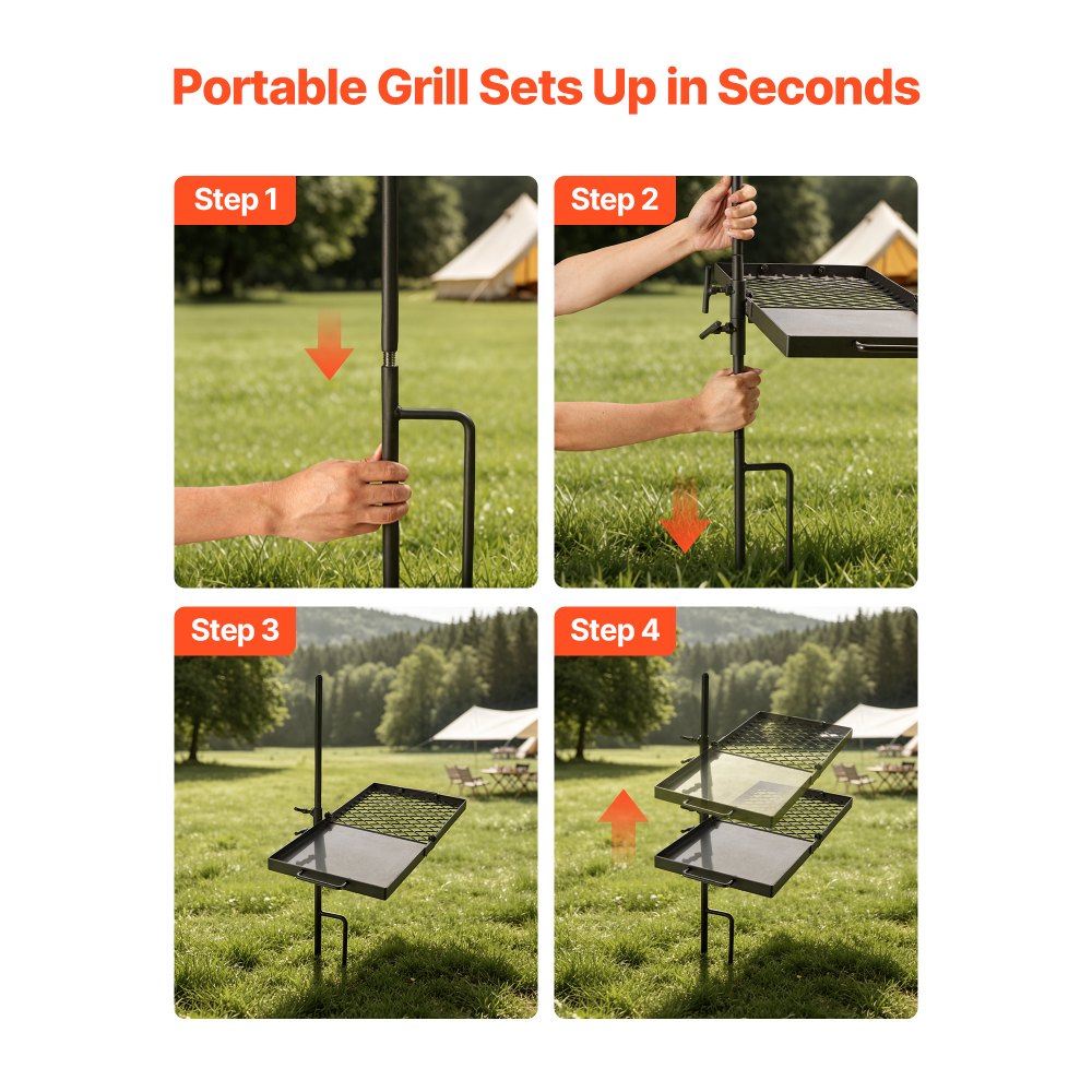 VEVOR Parrilla Giratoria para Hoguera 610 x 355 mm de Acero al Carbono, Parrilla para Fogatas, Rejilla Rectangular, Con Soporte, Soporta hasta 600°C, para Fuego Abierto, Camping, Jardín, Negro