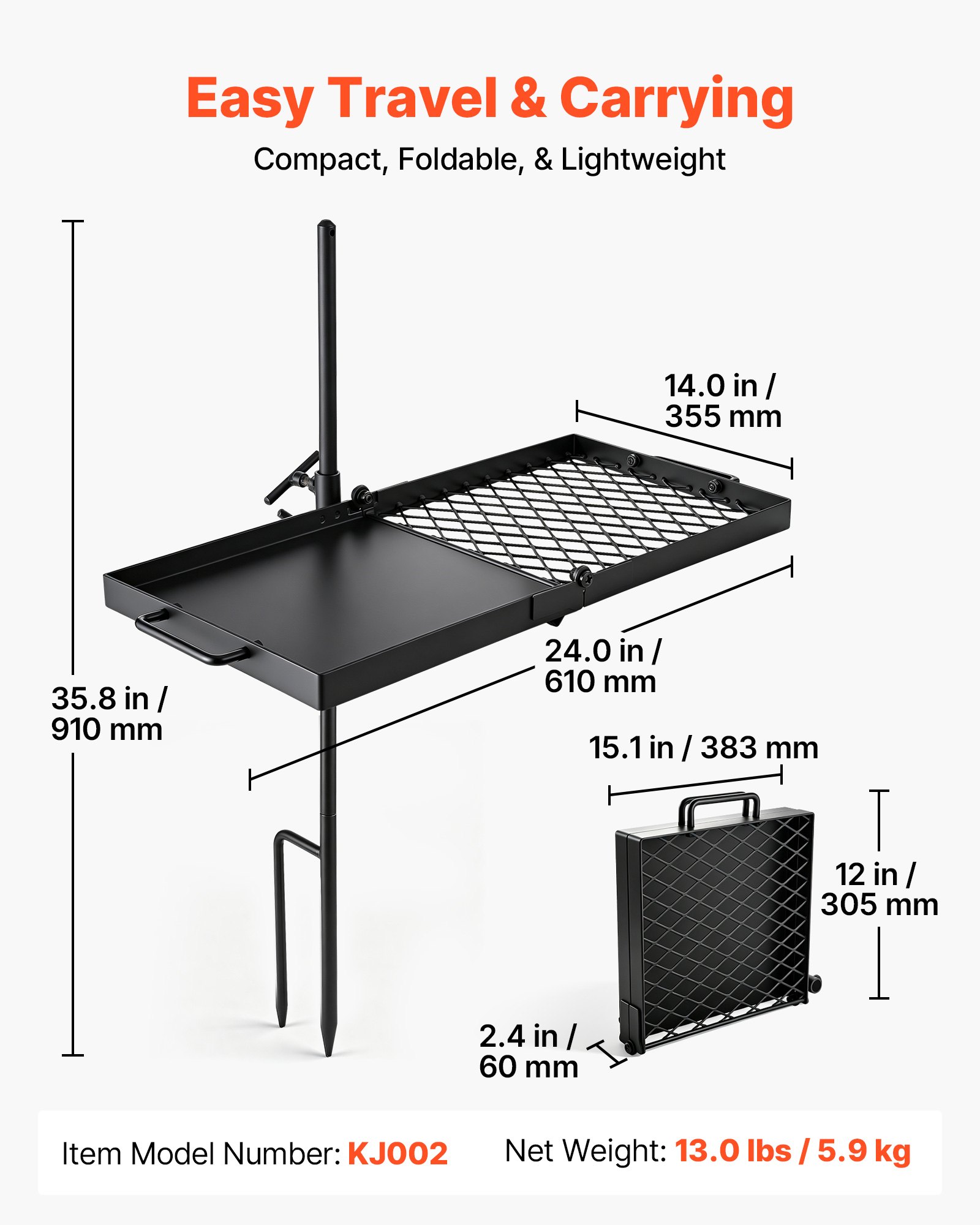 VEVOR Parrilla Giratoria para Hoguera 610 x 355 mm de Acero al Carbono, Parrilla para Fogatas, Rejilla Rectangular, Con Soporte, Soporta hasta 600°C, para Fuego Abierto, Camping, Jardín, Negro
