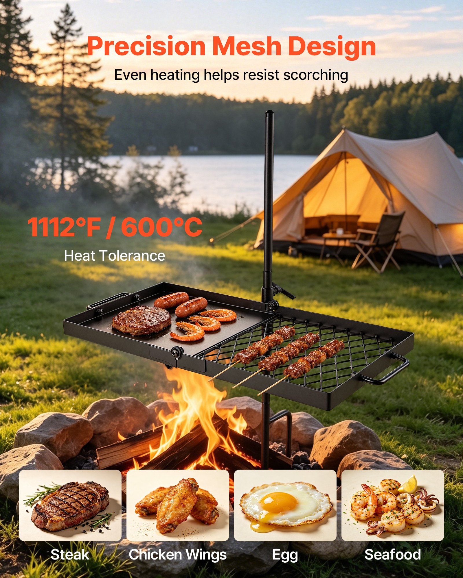VEVOR Parrilla Giratoria para Hoguera 610 x 355 mm de Acero al Carbono, Parrilla para Fogatas, Rejilla Rectangular, Con Soporte, Soporta hasta 600°C, para Fuego Abierto, Camping, Jardín, Negro