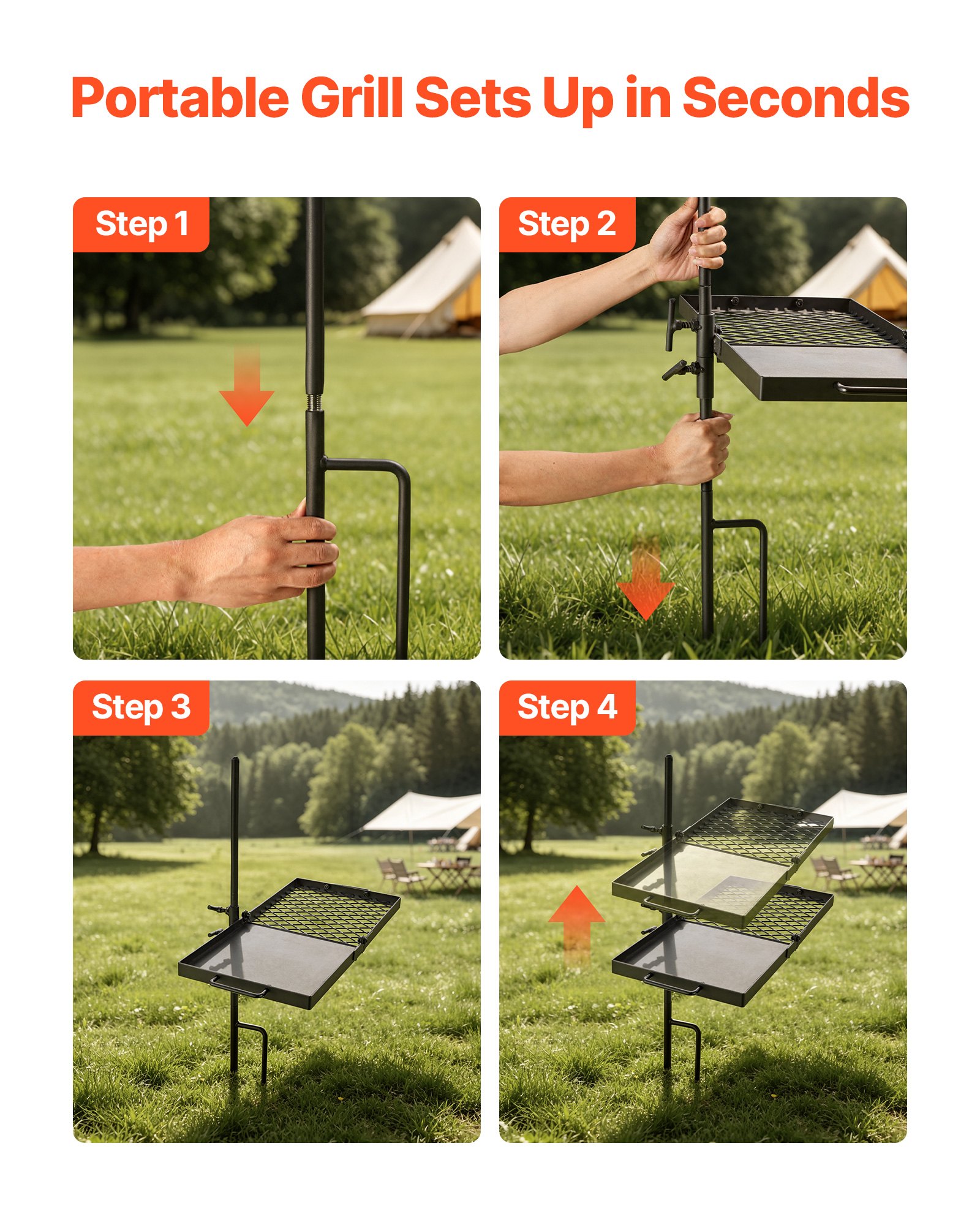 VEVOR Parrilla Giratoria para Hoguera 610 x 355 mm de Acero al Carbono, Parrilla para Fogatas, Rejilla Rectangular, Con Soporte, Soporta hasta 600°C, para Fuego Abierto, Camping, Jardín, Negro