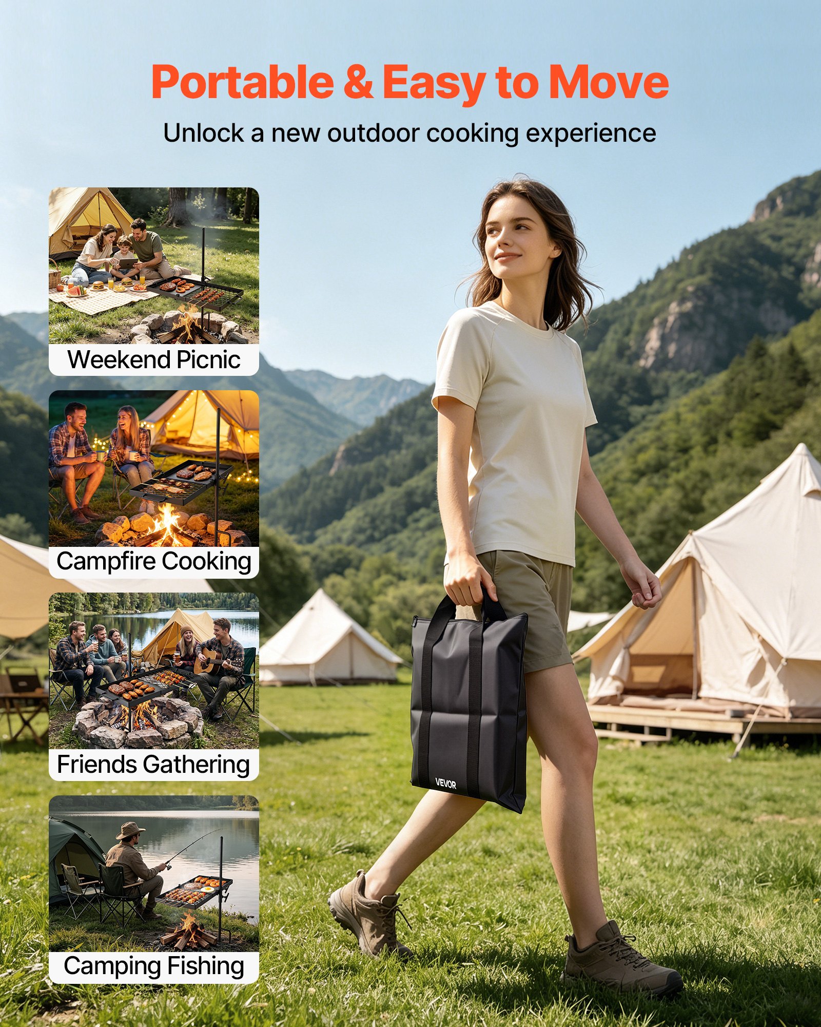 VEVOR Parrilla Giratoria para Hoguera 610 x 355 mm de Acero al Carbono, Parrilla para Fogatas, Rejilla Rectangular, Con Soporte, Soporta hasta 600°C, para Fuego Abierto, Camping, Jardín, Negro