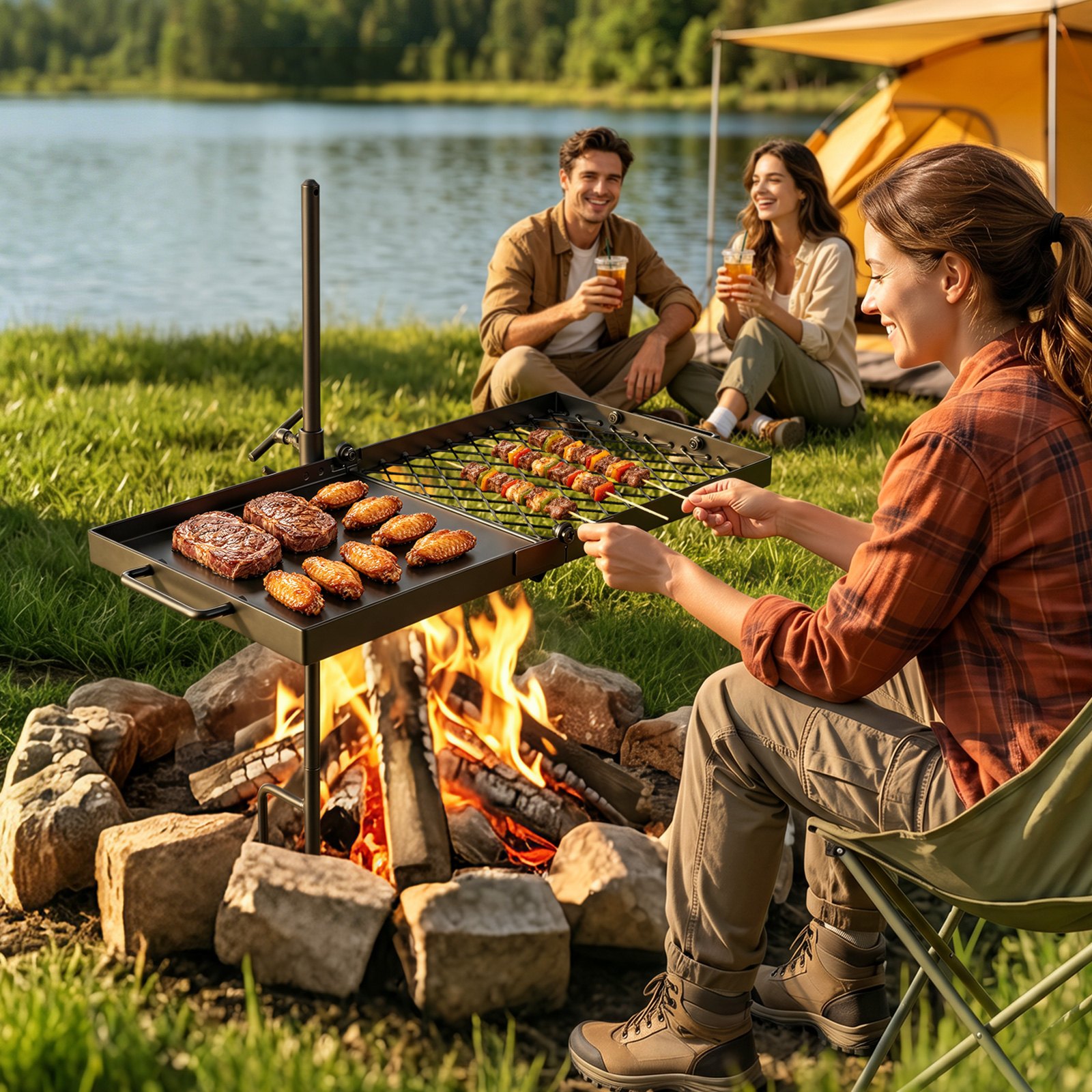 VEVOR Parrilla Giratoria para Hoguera 610 x 355 mm de Acero al Carbono, Parrilla para Fogatas, Rejilla Rectangular, Con Soporte, Soporta hasta 600°C, para Fuego Abierto, Camping, Jardín, Negro