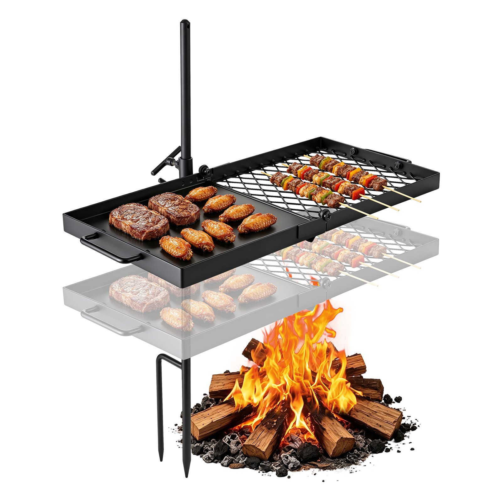 VEVOR Parrilla Giratoria para Hoguera 610 x 355 mm de Acero al Carbono, Parrilla para Fogatas, Rejilla Rectangular, Con Soporte, Soporta hasta 600°C, para Fuego Abierto, Camping, Jardín, Negro