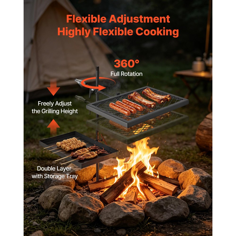 VEVOR Parrilla para Hoguera con Rejilla y Plancha de Acero al Carbono, Giratoria, Rejilla de 435x310 mm, Plancha de 417x257 mm, Con Soporte, Soporta hasta 600°C, para Fuego Abierto, Camping, Negro