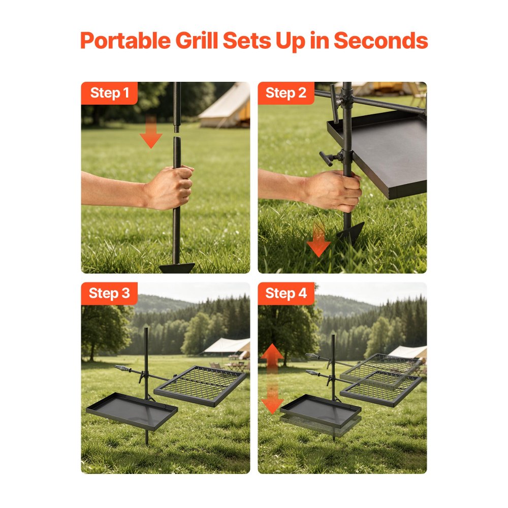 VEVOR Parrilla para Hoguera con Rejilla y Plancha de Acero al Carbono, Giratoria, Rejilla de 435x310 mm, Plancha de 417x257 mm, Con Soporte, Soporta hasta 600°C, para Fuego Abierto, Camping, Negro