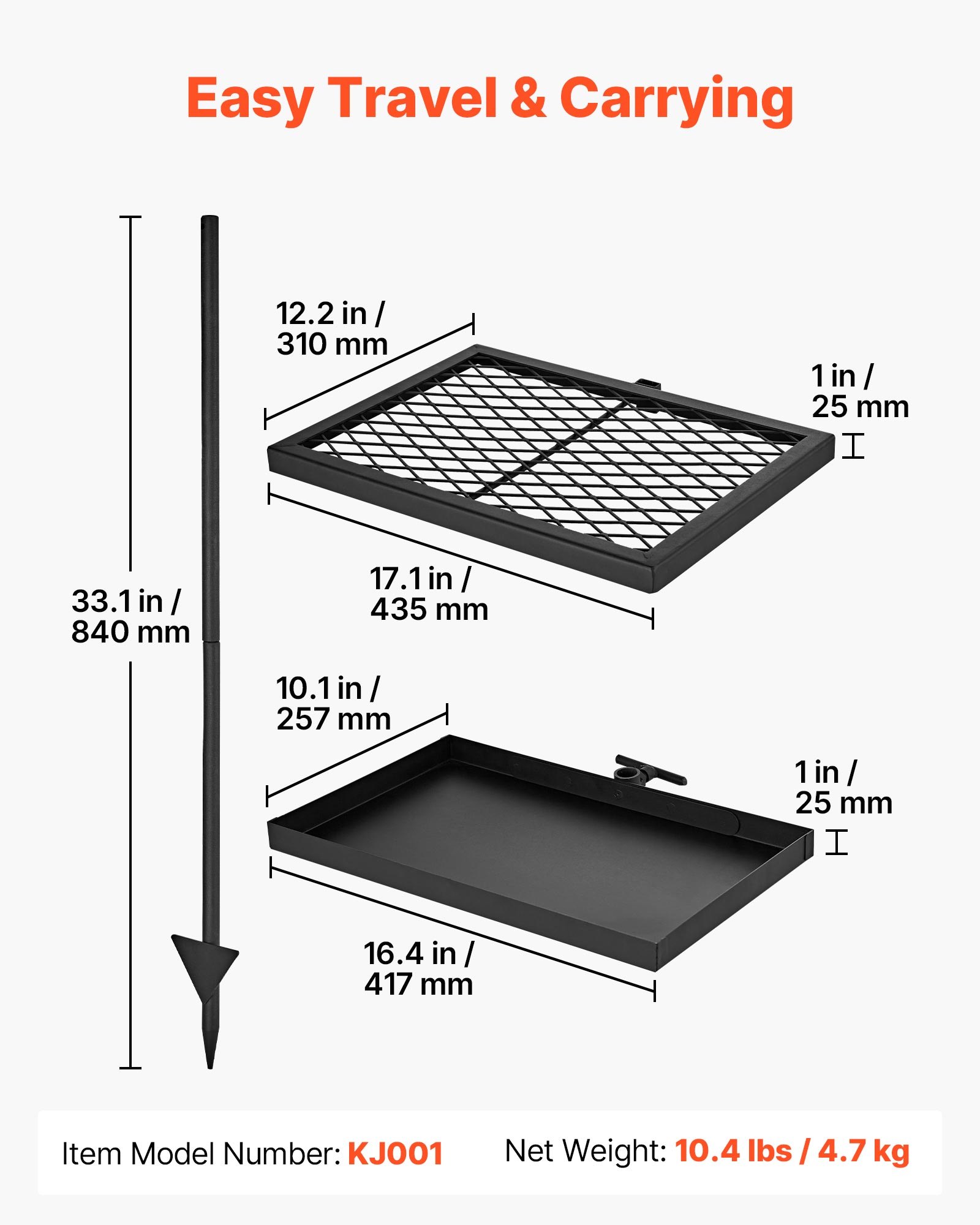 VEVOR Parrilla para Hoguera con Rejilla y Plancha de Acero al Carbono, Giratoria, Rejilla de 435x310 mm, Plancha de 417x257 mm, Con Soporte, Soporta hasta 600°C, para Fuego Abierto, Camping, Negro