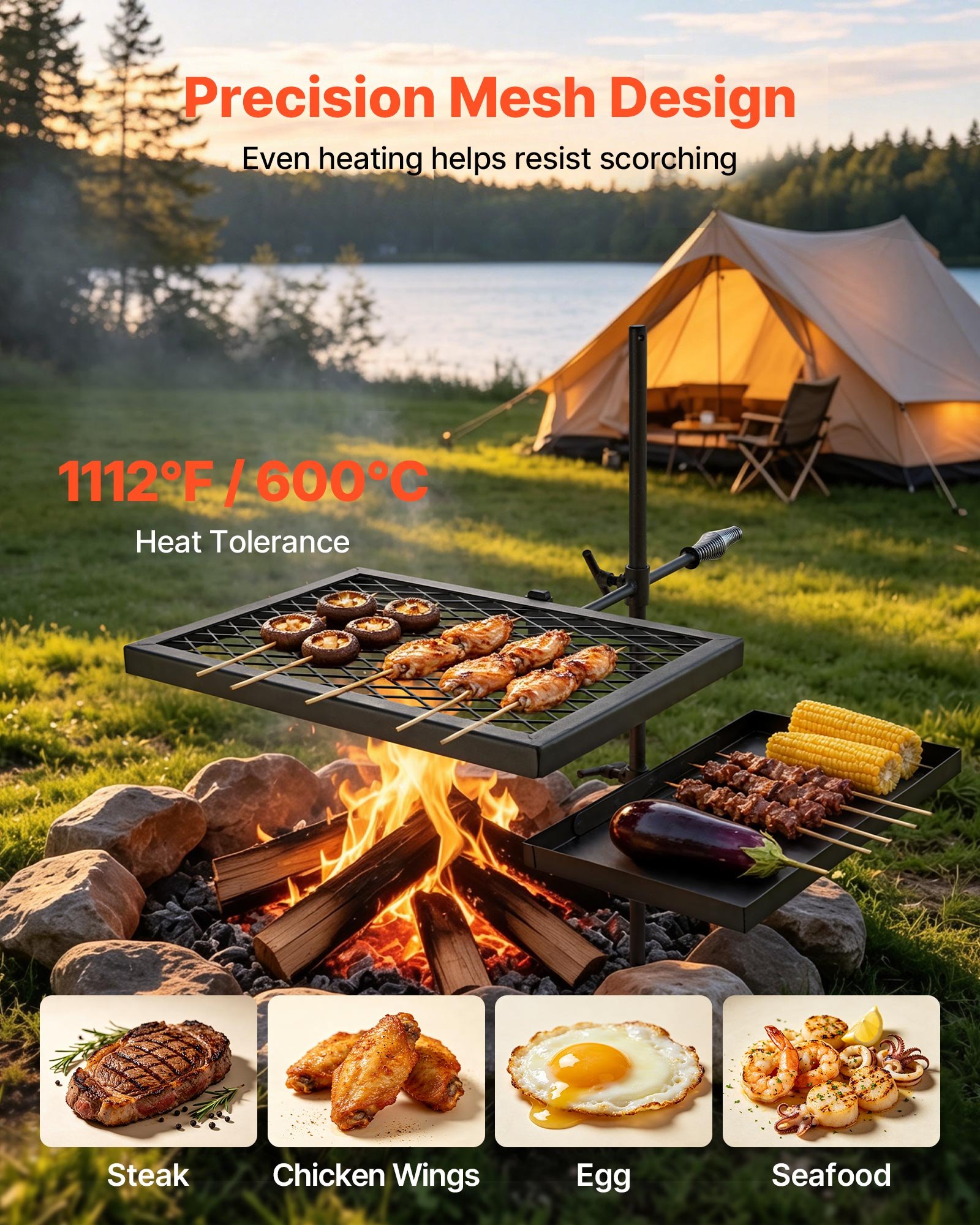 VEVOR Parrilla para Hoguera con Rejilla y Plancha de Acero al Carbono, Giratoria, Rejilla de 435x310 mm, Plancha de 417x257 mm, Con Soporte, Soporta hasta 600°C, para Fuego Abierto, Camping, Negro