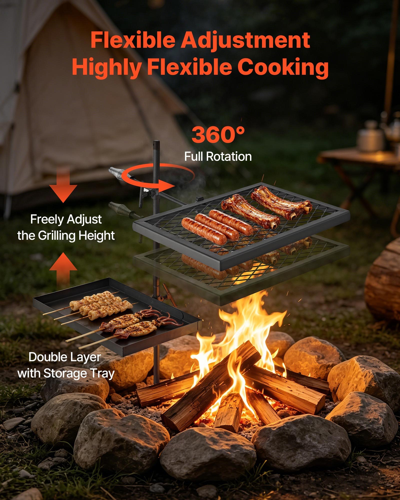VEVOR Parrilla para Hoguera con Rejilla y Plancha de Acero al Carbono, Giratoria, Rejilla de 435x310 mm, Plancha de 417x257 mm, Con Soporte, Soporta hasta 600°C, para Fuego Abierto, Camping, Negro
