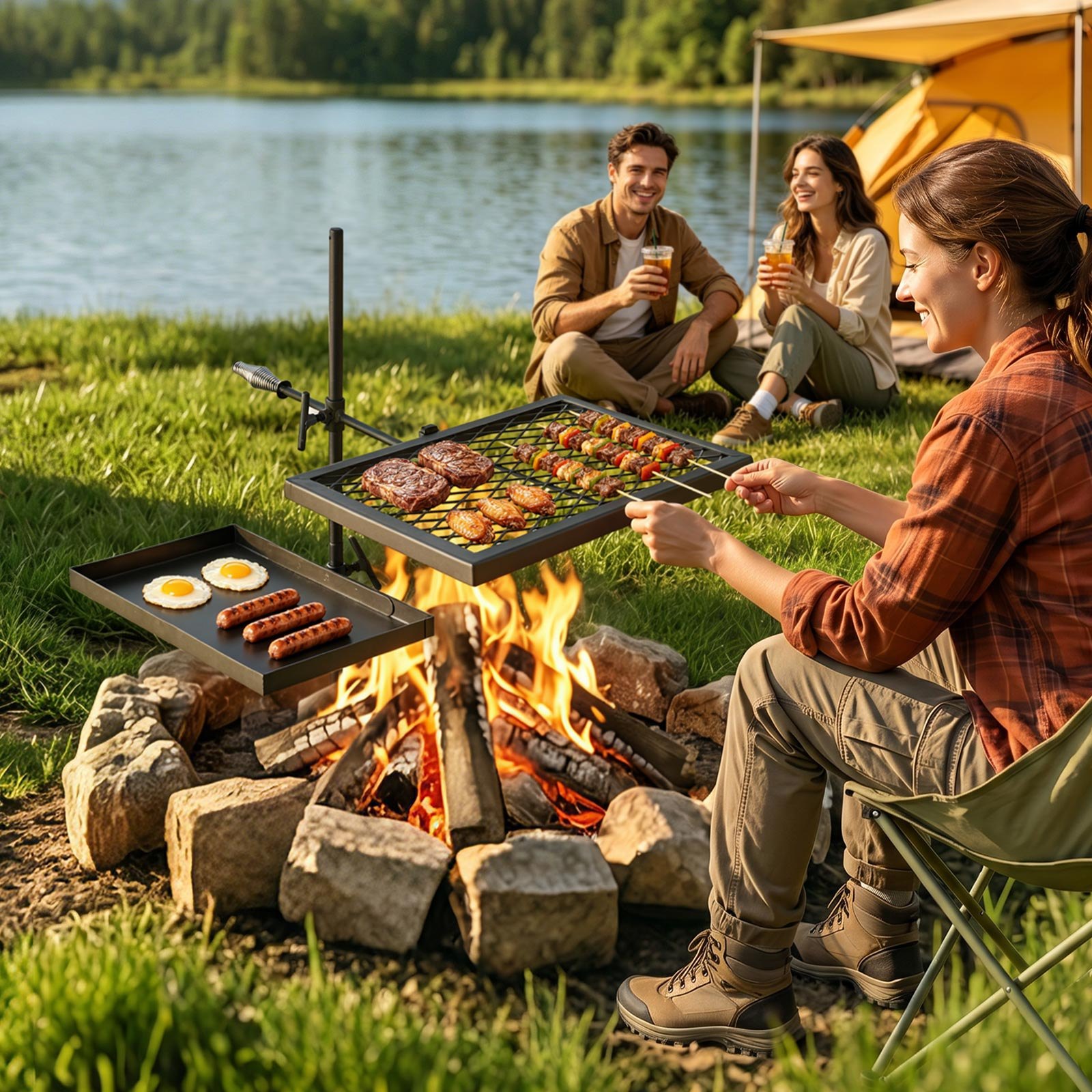 VEVOR Parrilla para Hoguera con Rejilla y Plancha de Acero al Carbono, Giratoria, Rejilla de 435x310 mm, Plancha de 417x257 mm, Con Soporte, Soporta hasta 600°C, para Fuego Abierto, Camping, Negro