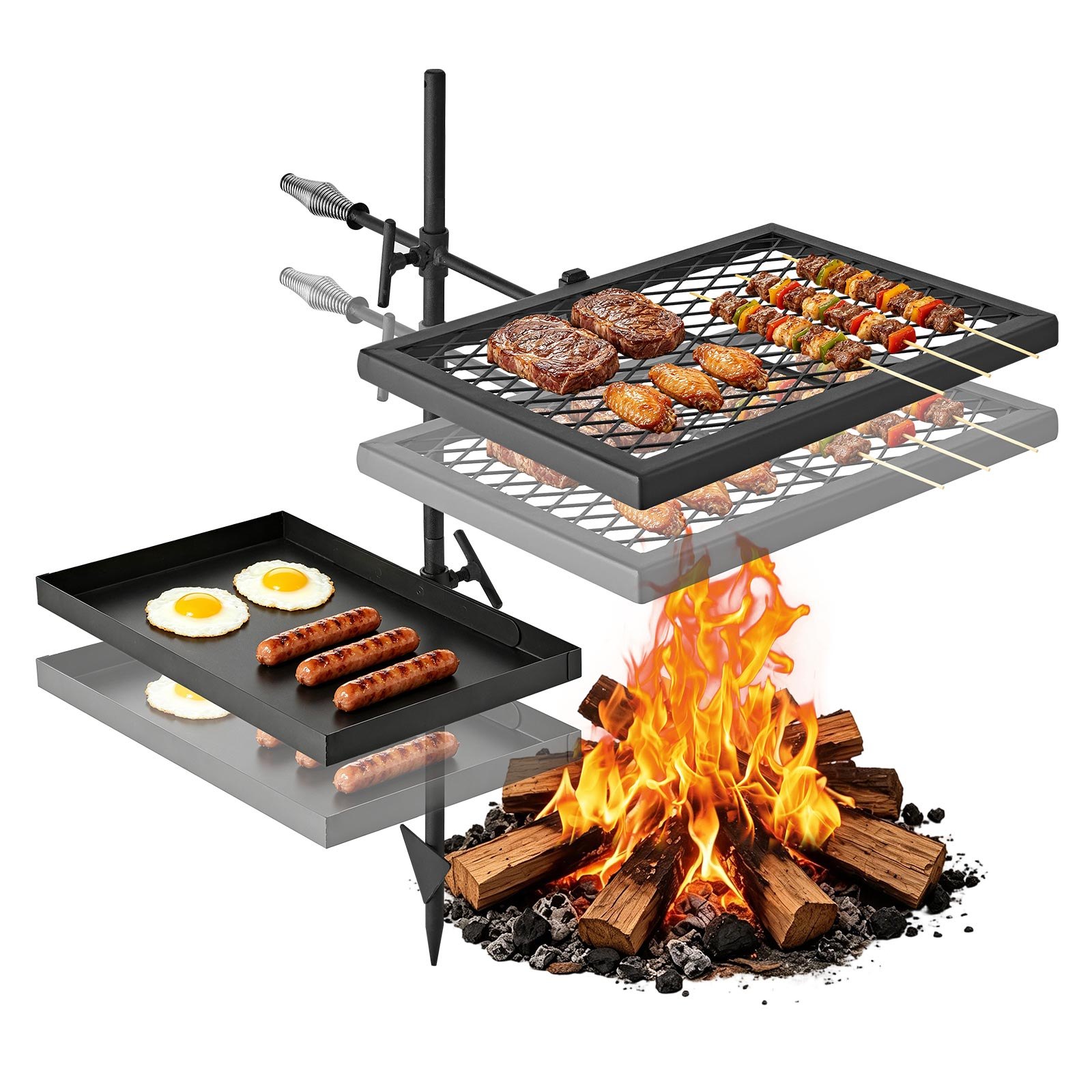 VEVOR Parrilla para Hoguera con Rejilla y Plancha de Acero al Carbono, Giratoria, Rejilla de 435x310 mm, Plancha de 417x257 mm, Con Soporte, Soporta hasta 600°C, para Fuego Abierto, Camping, Negro