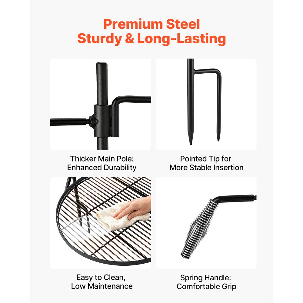 VEVOR Parrilla Redonda para Hoguera 620 mm Giratoria de Acero al Carbono, Parrilla para Fogatas, Con Soporte en Forma de Z, Portátil, Soporta hasta 600°C, para Fuego Abierto, Camping, Jardín, Negro