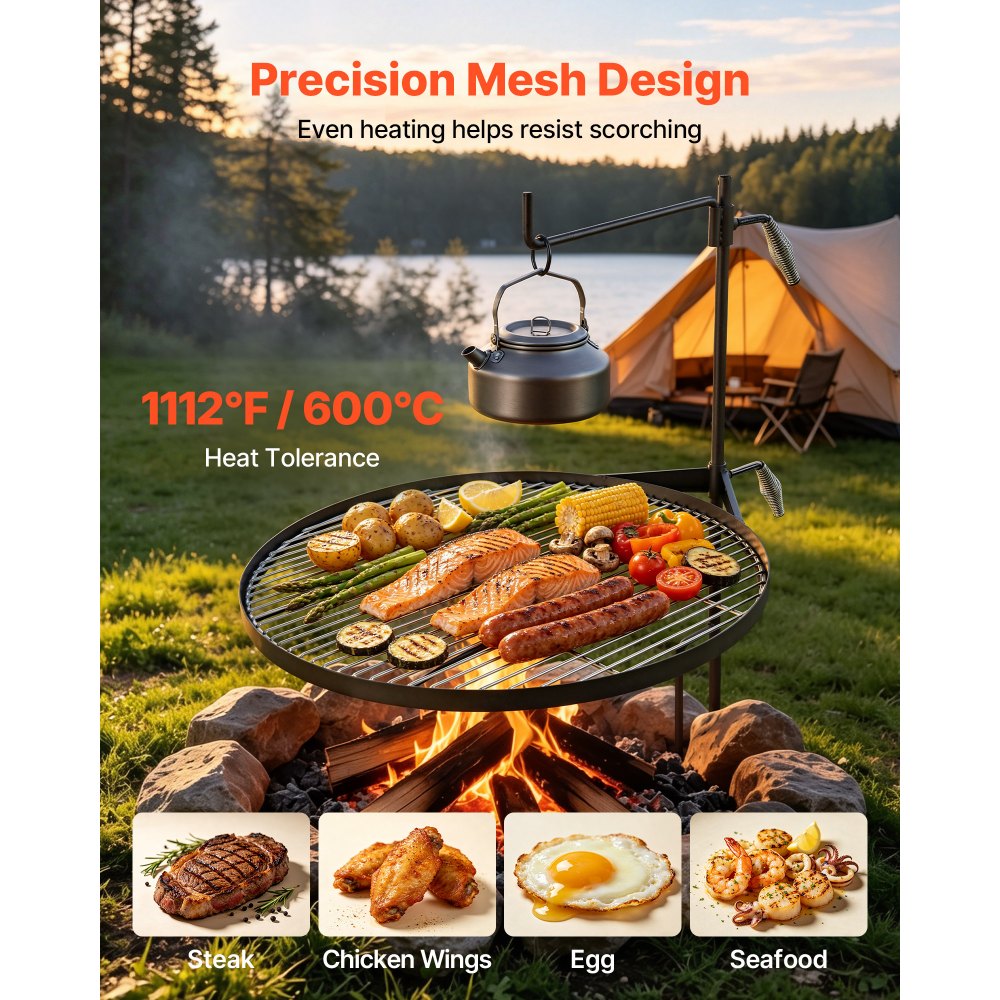 VEVOR Parrilla Redonda para Hoguera 620 mm Giratoria de Acero al Carbono, Parrilla para Fogatas, Con Soporte en Forma de Z, Portátil, Soporta hasta 600°C, para Fuego Abierto, Camping, Jardín, Negro