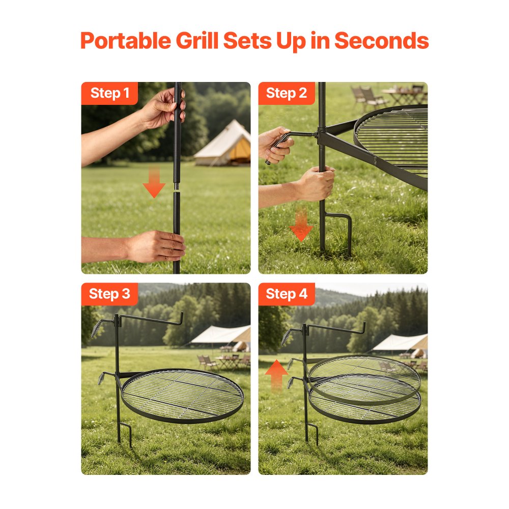 VEVOR Parrilla Redonda para Hoguera 620 mm Giratoria de Acero al Carbono, Parrilla para Fogatas, Con Soporte en Forma de Z, Portátil, Soporta hasta 600°C, para Fuego Abierto, Camping, Jardín, Negro