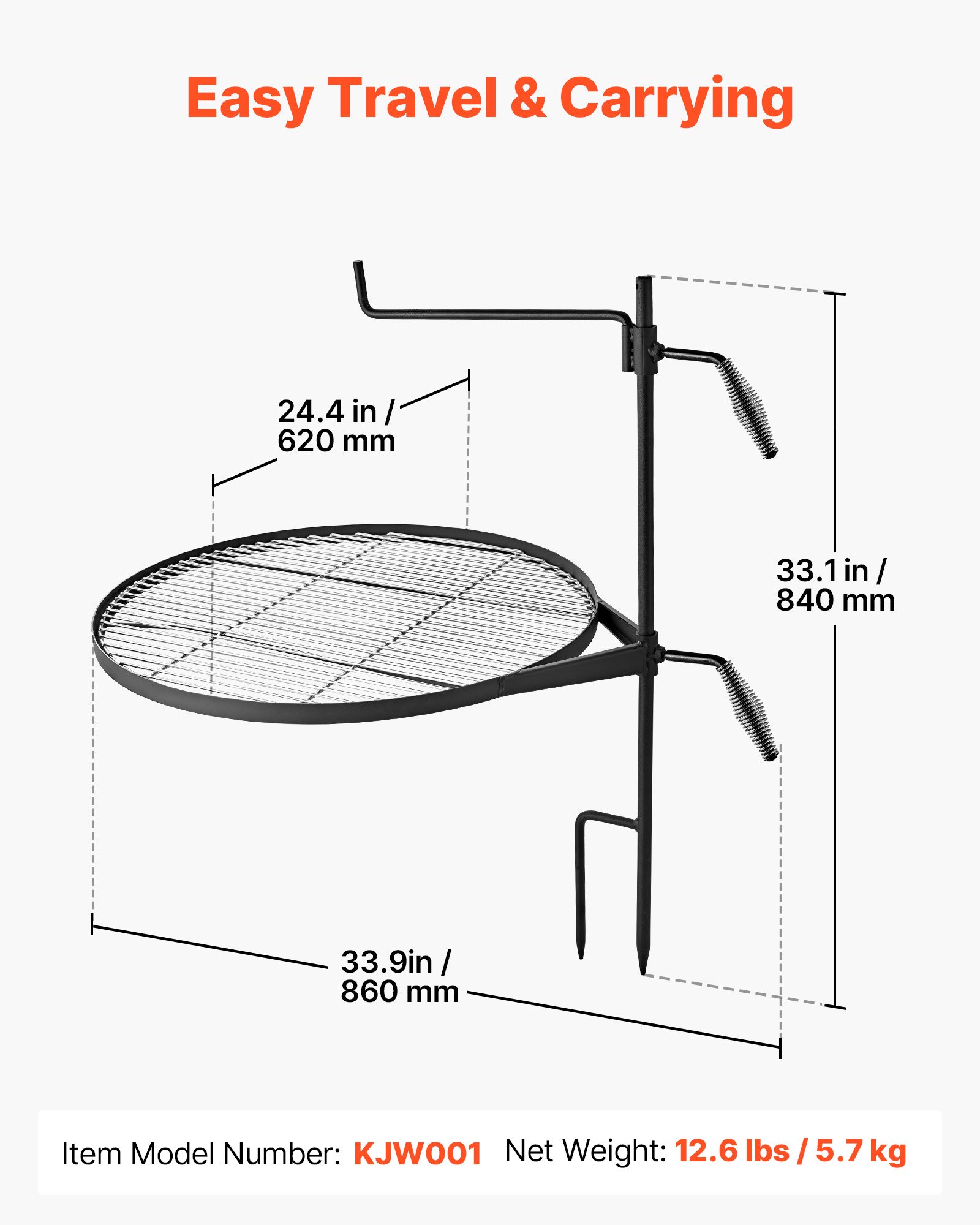 VEVOR Parrilla Redonda para Hoguera 620 mm Giratoria de Acero al Carbono, Parrilla para Fogatas, Con Soporte en Forma de Z, Portátil, Soporta hasta 600°C, para Fuego Abierto, Camping, Jardín, Negro