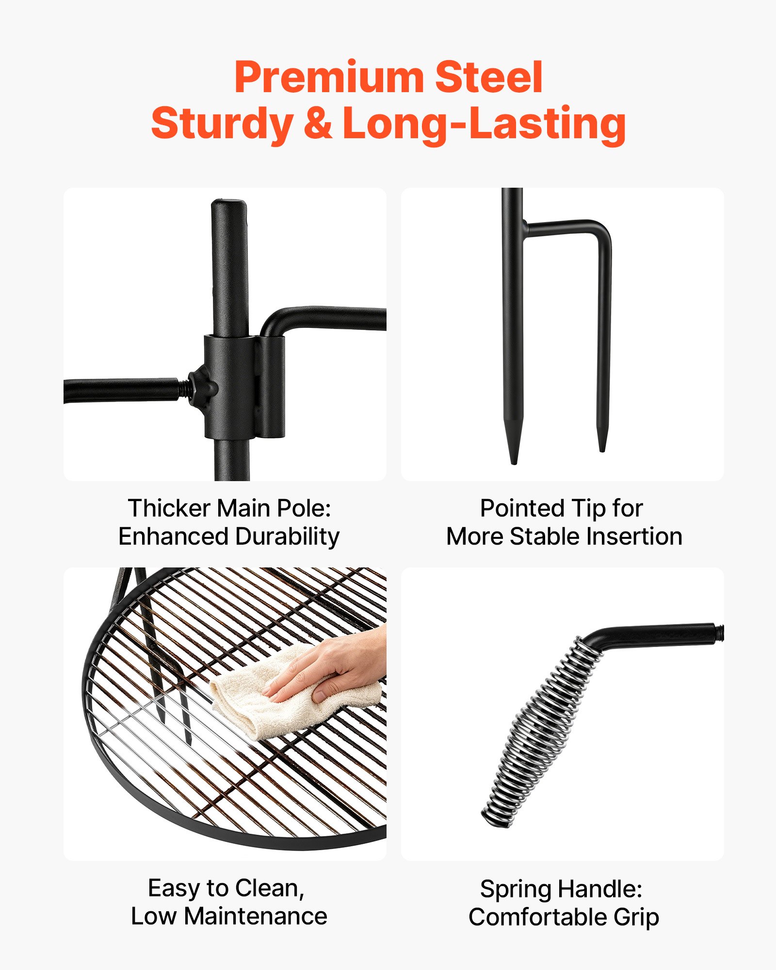 VEVOR Parrilla Redonda para Hoguera 620 mm Giratoria de Acero al Carbono, Parrilla para Fogatas, Con Soporte en Forma de Z, Portátil, Soporta hasta 600°C, para Fuego Abierto, Camping, Jardín, Negro