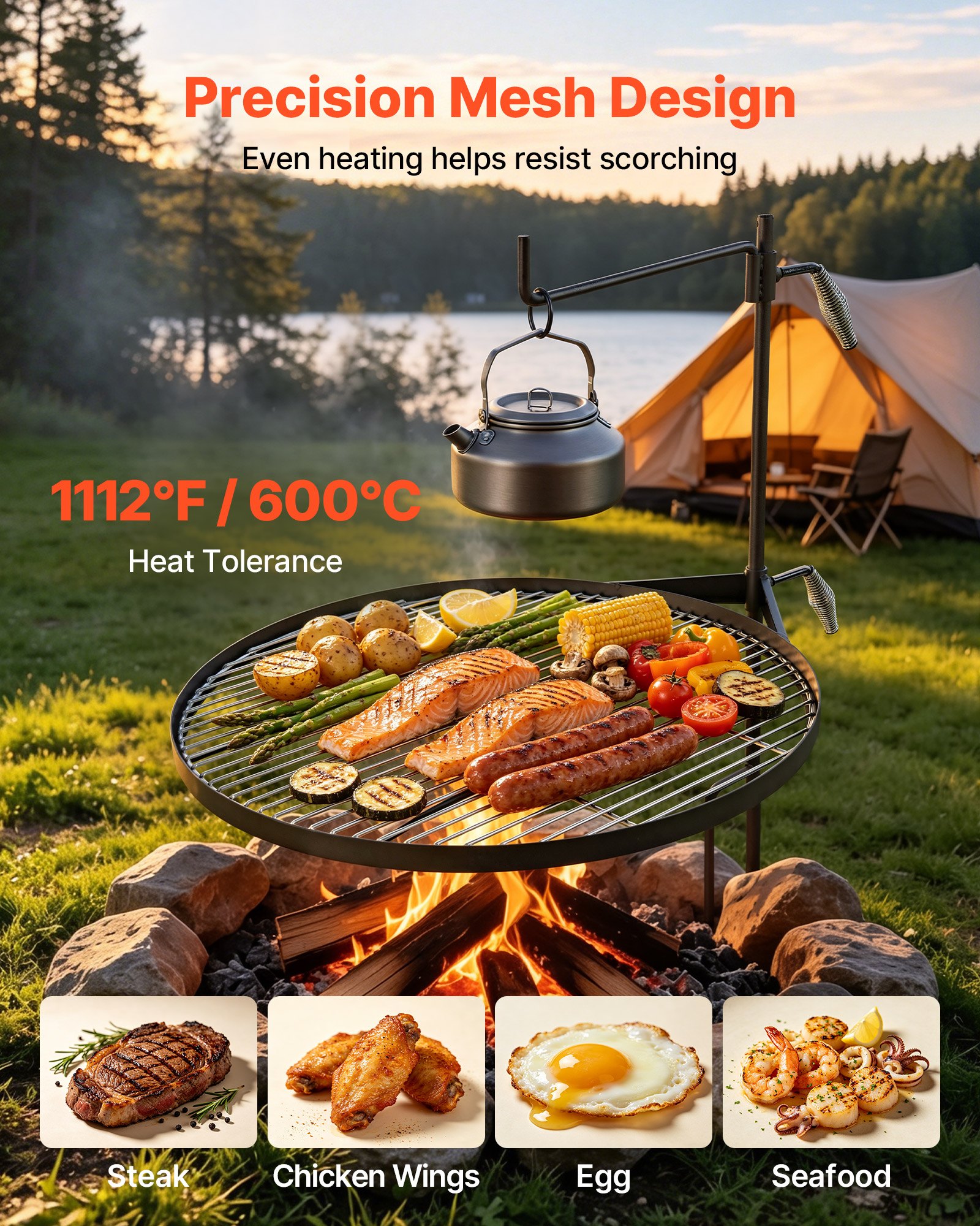 VEVOR Parrilla Redonda para Hoguera 620 mm Giratoria de Acero al Carbono, Parrilla para Fogatas, Con Soporte en Forma de Z, Portátil, Soporta hasta 600°C, para Fuego Abierto, Camping, Jardín, Negro
