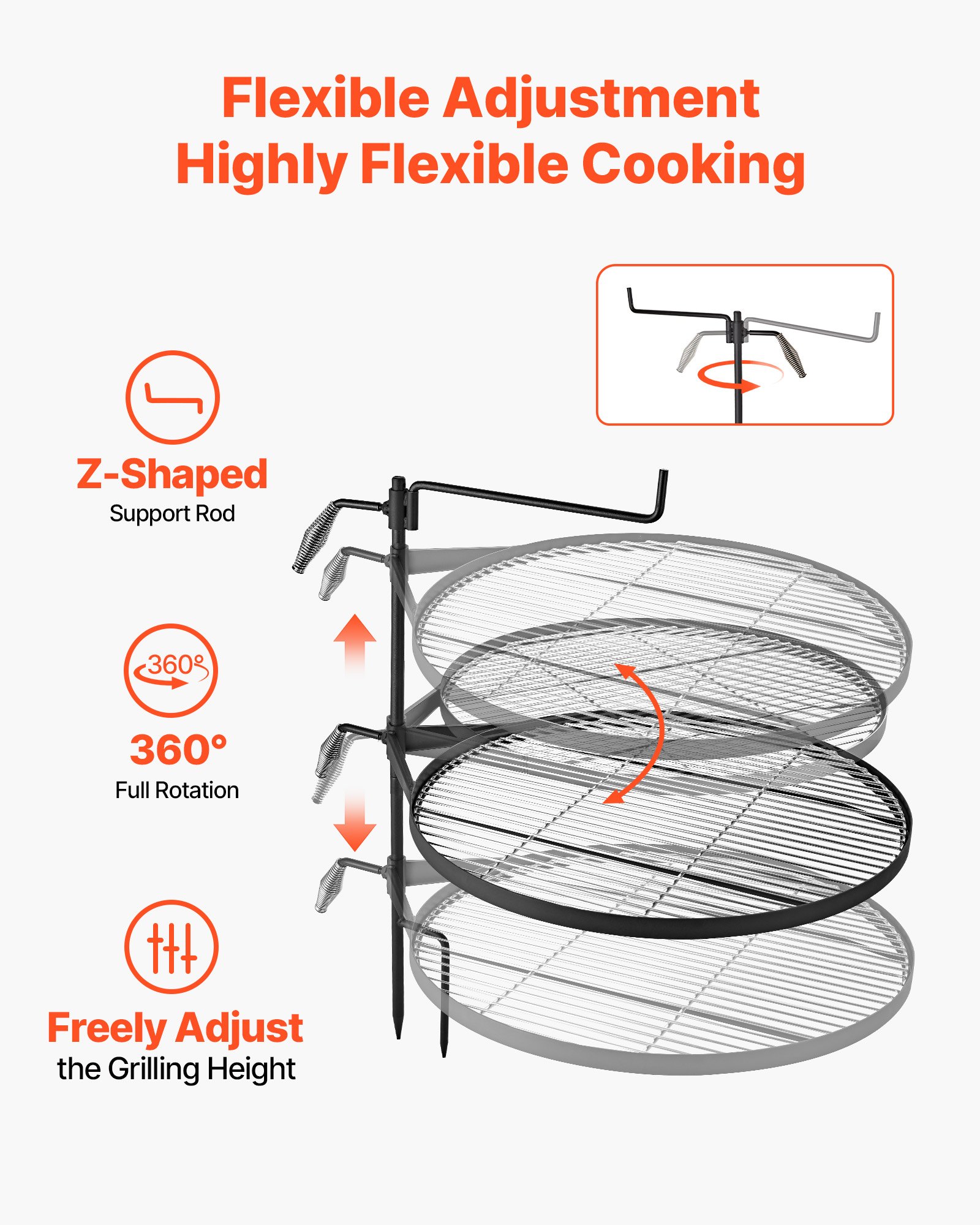 VEVOR Parrilla Redonda para Hoguera 620 mm Giratoria de Acero al Carbono, Parrilla para Fogatas, Con Soporte en Forma de Z, Portátil, Soporta hasta 600°C, para Fuego Abierto, Camping, Jardín, Negro