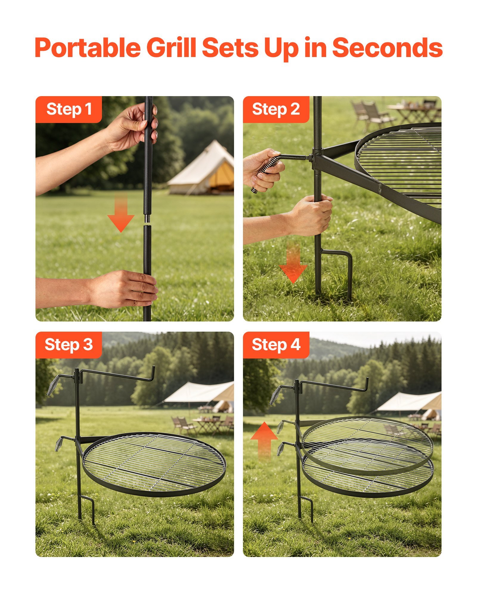 VEVOR Parrilla Redonda para Hoguera 620 mm Giratoria de Acero al Carbono, Parrilla para Fogatas, Con Soporte en Forma de Z, Portátil, Soporta hasta 600°C, para Fuego Abierto, Camping, Jardín, Negro