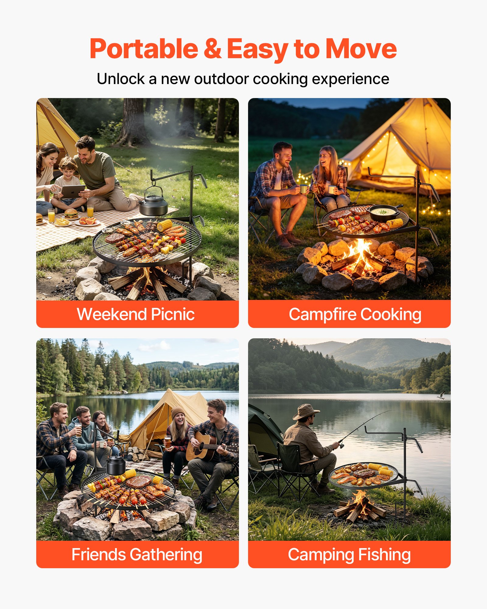 VEVOR Parrilla Redonda para Hoguera 620 mm Giratoria de Acero al Carbono, Parrilla para Fogatas, Con Soporte en Forma de Z, Portátil, Soporta hasta 600°C, para Fuego Abierto, Camping, Jardín, Negro