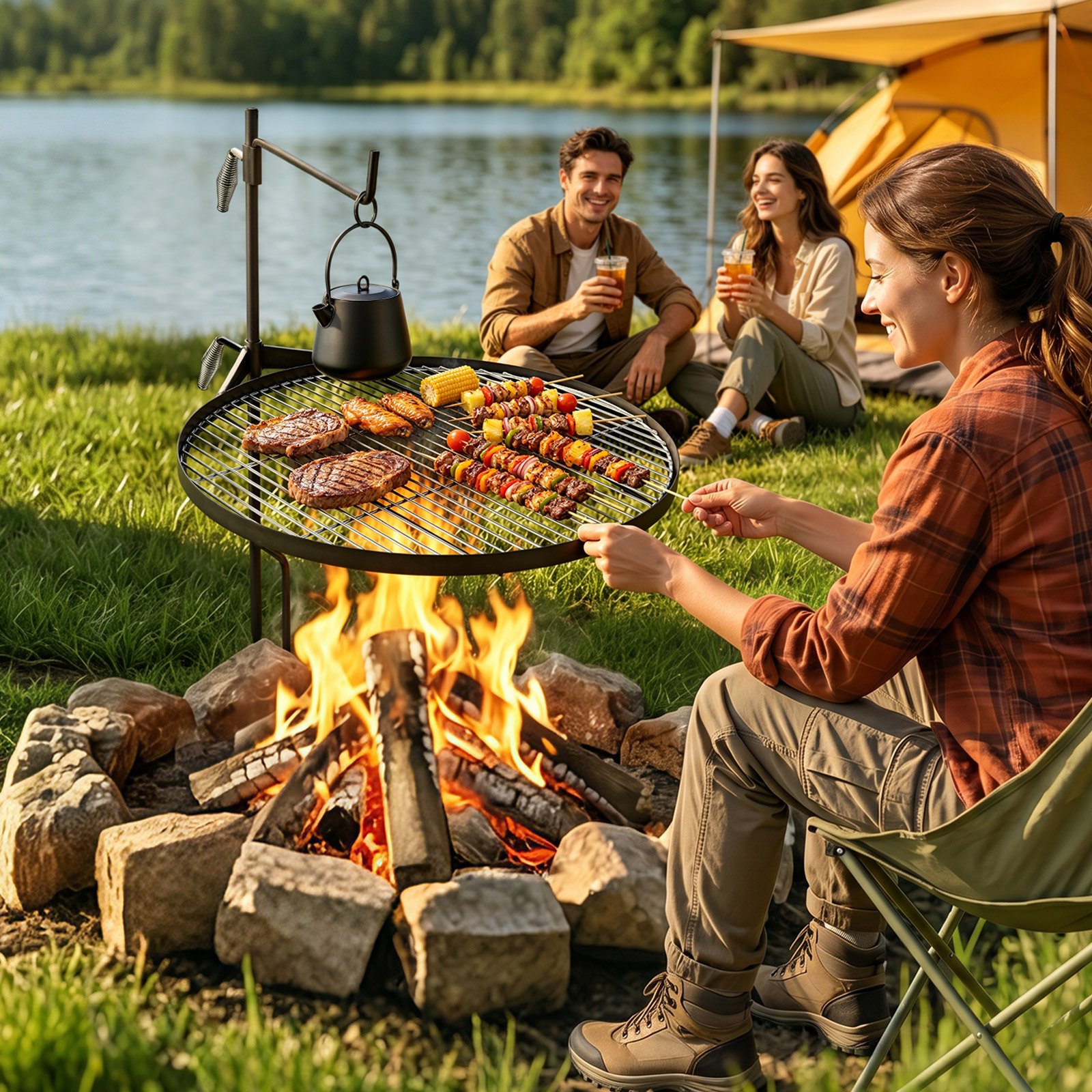 VEVOR Parrilla Redonda para Hoguera 620 mm Giratoria de Acero al Carbono, Parrilla para Fogatas, Con Soporte en Forma de Z, Portátil, Soporta hasta 600°C, para Fuego Abierto, Camping, Jardín, Negro